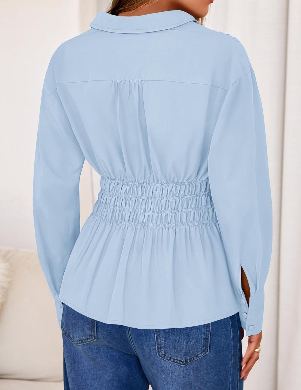 imageZESICA Womens 2025 Fall Long Sleeve Blouse Business Dressy Casual Button Down Shirts Peplum Tops Fashion Trendy ClothesBlue