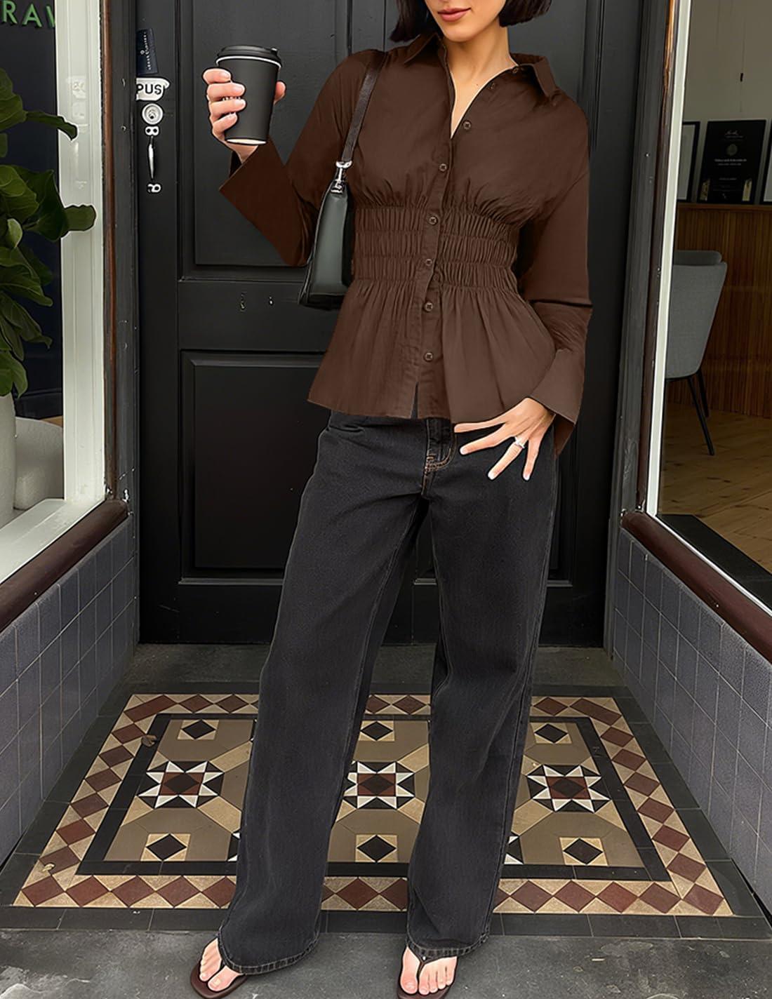 imageZESICA Womens 2025 Fall Long Sleeve Blouse Business Dressy Casual Button Down Shirts Peplum Tops Fashion Trendy ClothesBrown