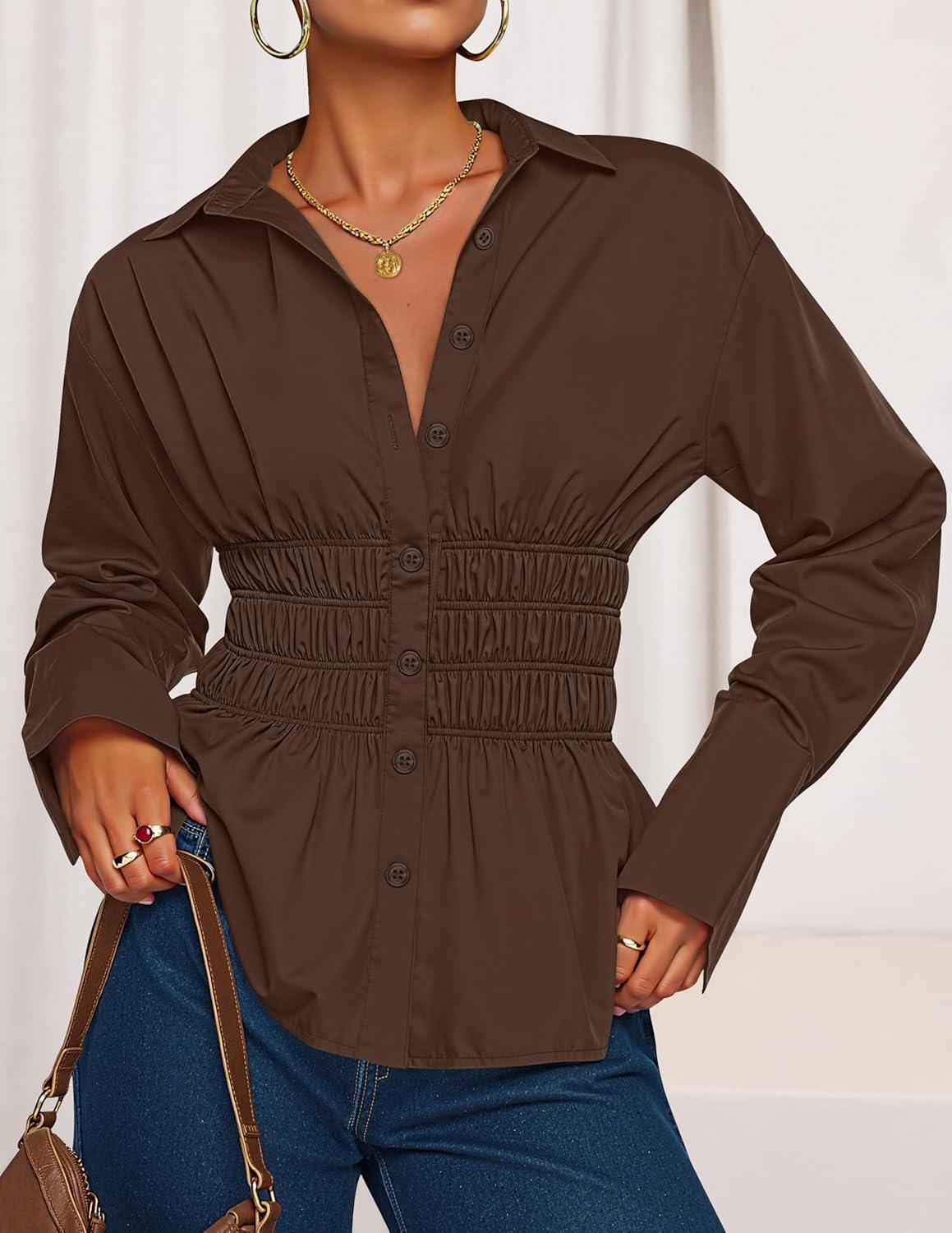 imageZESICA Womens 2025 Fall Long Sleeve Blouse Business Dressy Casual Button Down Shirts Peplum Tops Fashion Trendy ClothesBrown