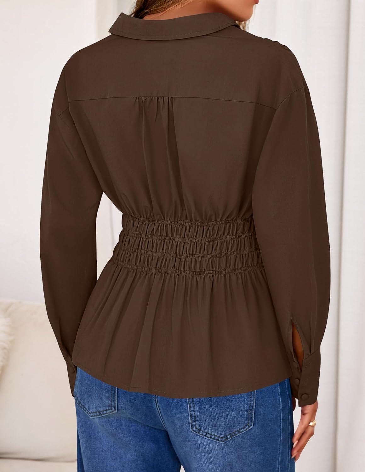 imageZESICA Womens 2025 Fall Long Sleeve Blouse Business Dressy Casual Button Down Shirts Peplum Tops Fashion Trendy ClothesBrown