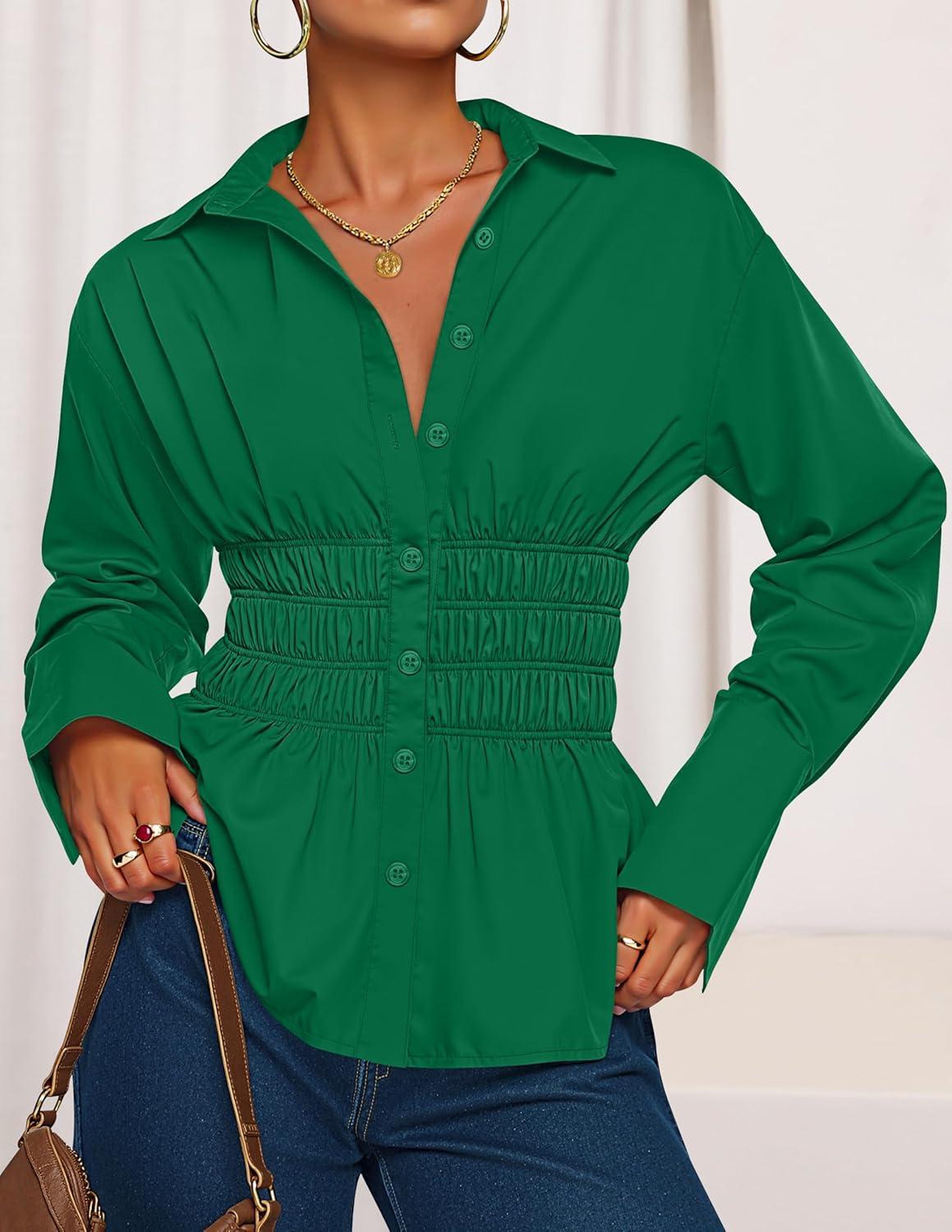 imageZESICA Womens 2025 Fall Long Sleeve Blouse Business Dressy Casual Button Down Shirts Peplum Tops Fashion Trendy ClothesGreen