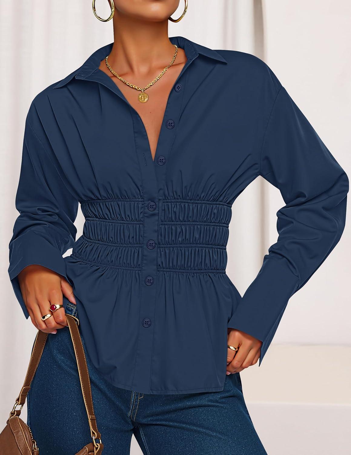 imageZESICA Womens 2025 Fall Long Sleeve Blouse Business Dressy Casual Button Down Shirts Peplum Tops Fashion Trendy ClothesNavy