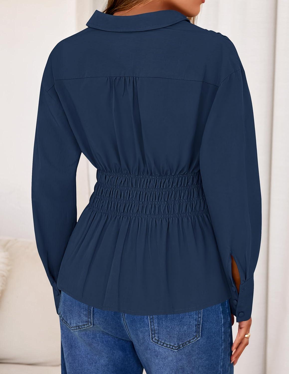 imageZESICA Womens 2025 Fall Long Sleeve Blouse Business Dressy Casual Button Down Shirts Peplum Tops Fashion Trendy ClothesNavy