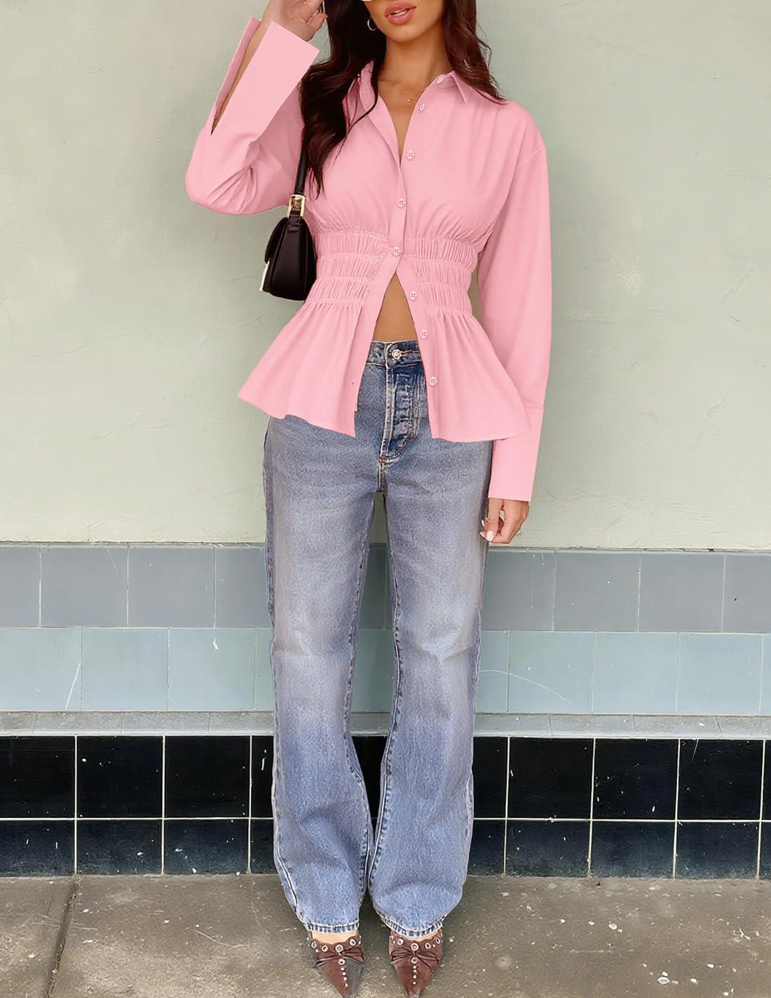 imageZESICA Womens 2025 Fall Long Sleeve Blouse Business Dressy Casual Button Down Shirts Peplum Tops Fashion Trendy ClothesPink