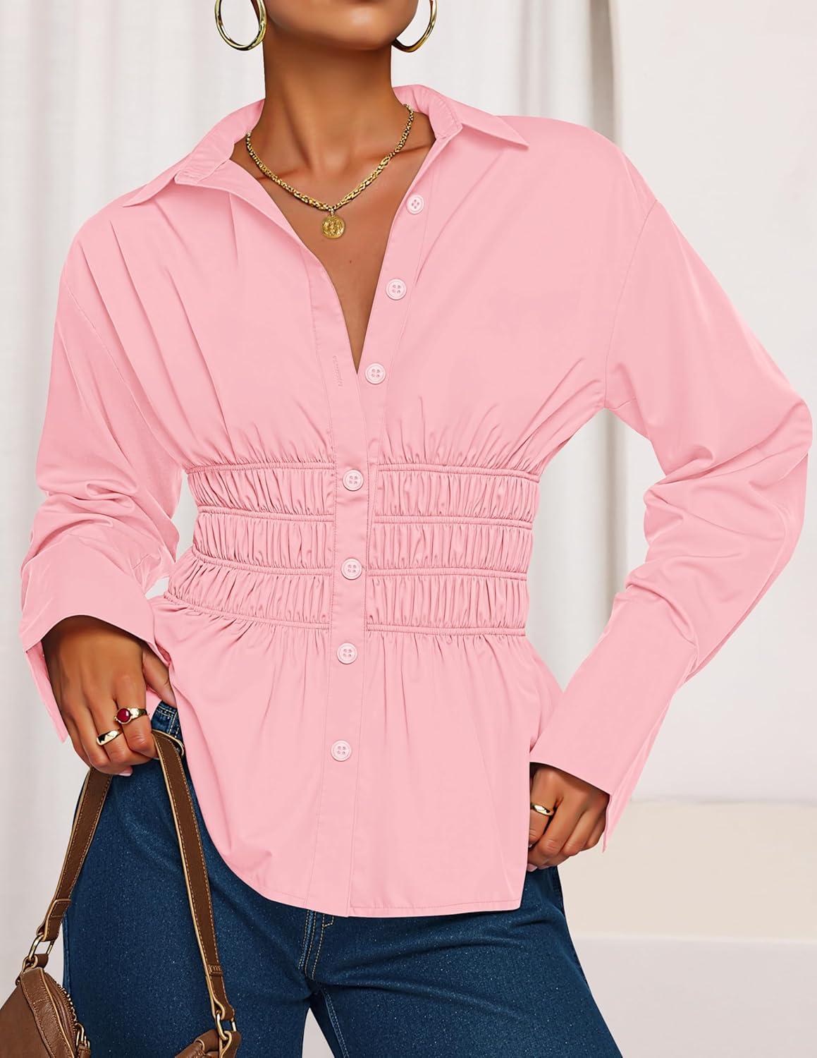 imageZESICA Womens 2025 Fall Long Sleeve Blouse Business Dressy Casual Button Down Shirts Peplum Tops Fashion Trendy ClothesPink