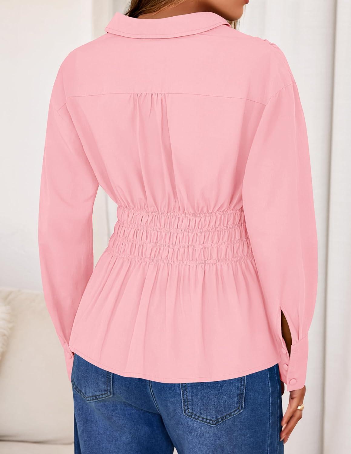 imageZESICA Womens 2025 Fall Long Sleeve Blouse Business Dressy Casual Button Down Shirts Peplum Tops Fashion Trendy ClothesPink