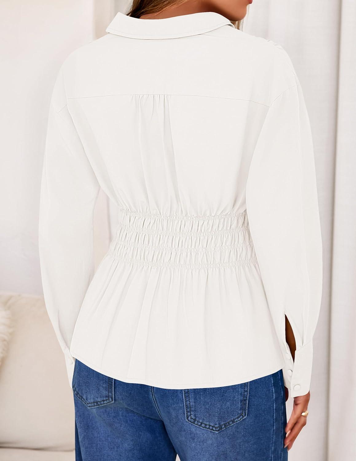 imageZESICA Womens 2025 Fall Long Sleeve Blouse Business Dressy Casual Button Down Shirts Peplum Tops Fashion Trendy ClothesWhite