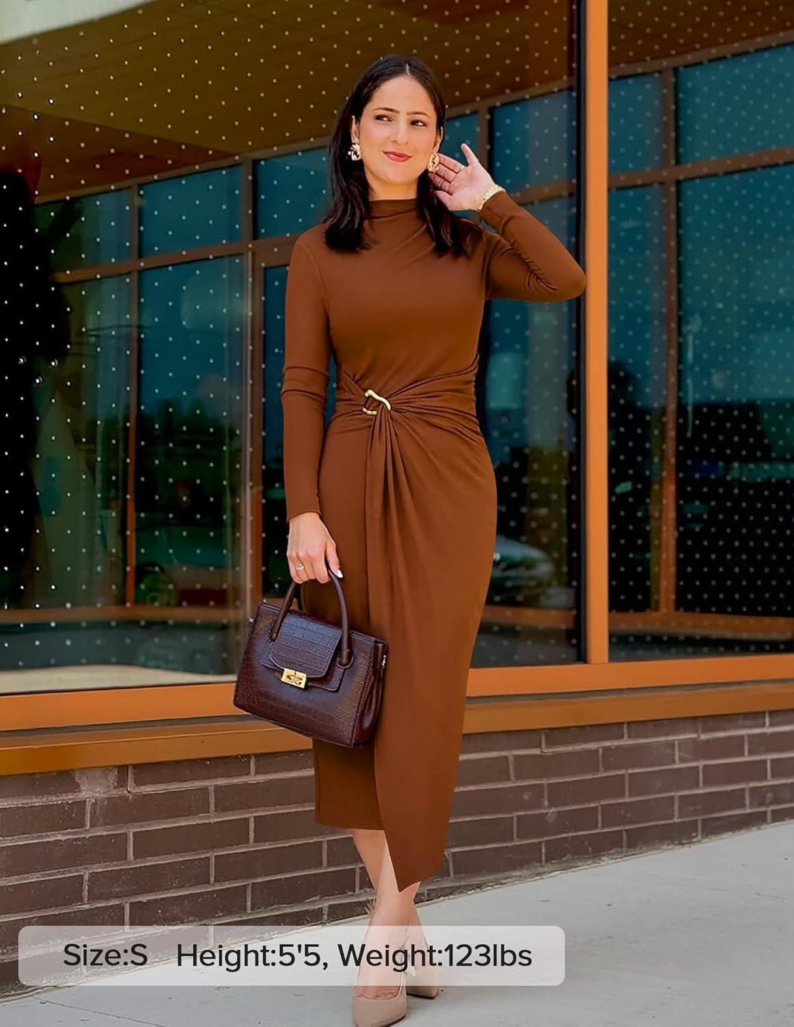 imageZESICA Womens 2025 Fall Long Sleeve Bodycon Dress Mock Neck Wedding Guest Cocktail Party Long Midi DressesCaramel