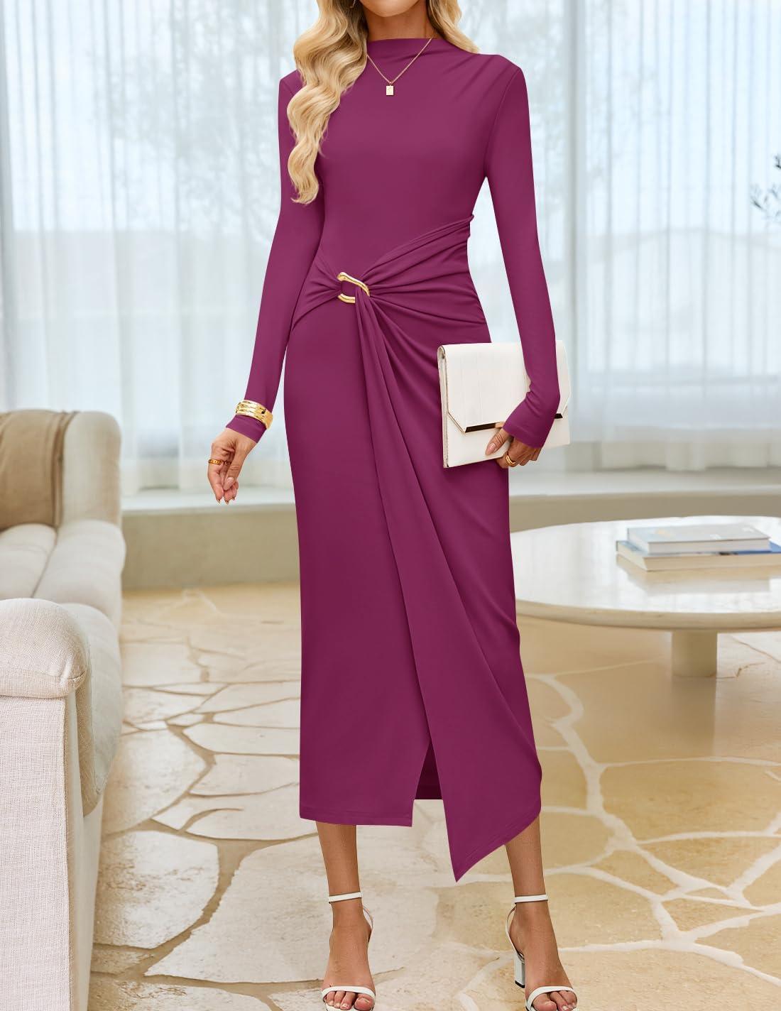 imageZESICA Womens 2025 Fall Long Sleeve Bodycon Dress Mock Neck Wedding Guest Cocktail Party Long Midi DressesEggplant