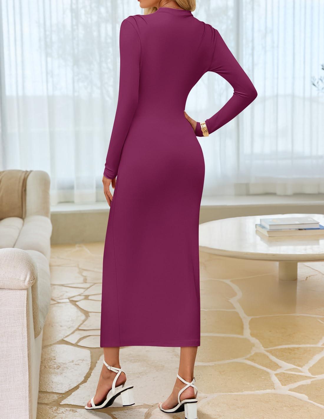 imageZESICA Womens 2025 Fall Long Sleeve Bodycon Dress Mock Neck Wedding Guest Cocktail Party Long Midi DressesEggplant