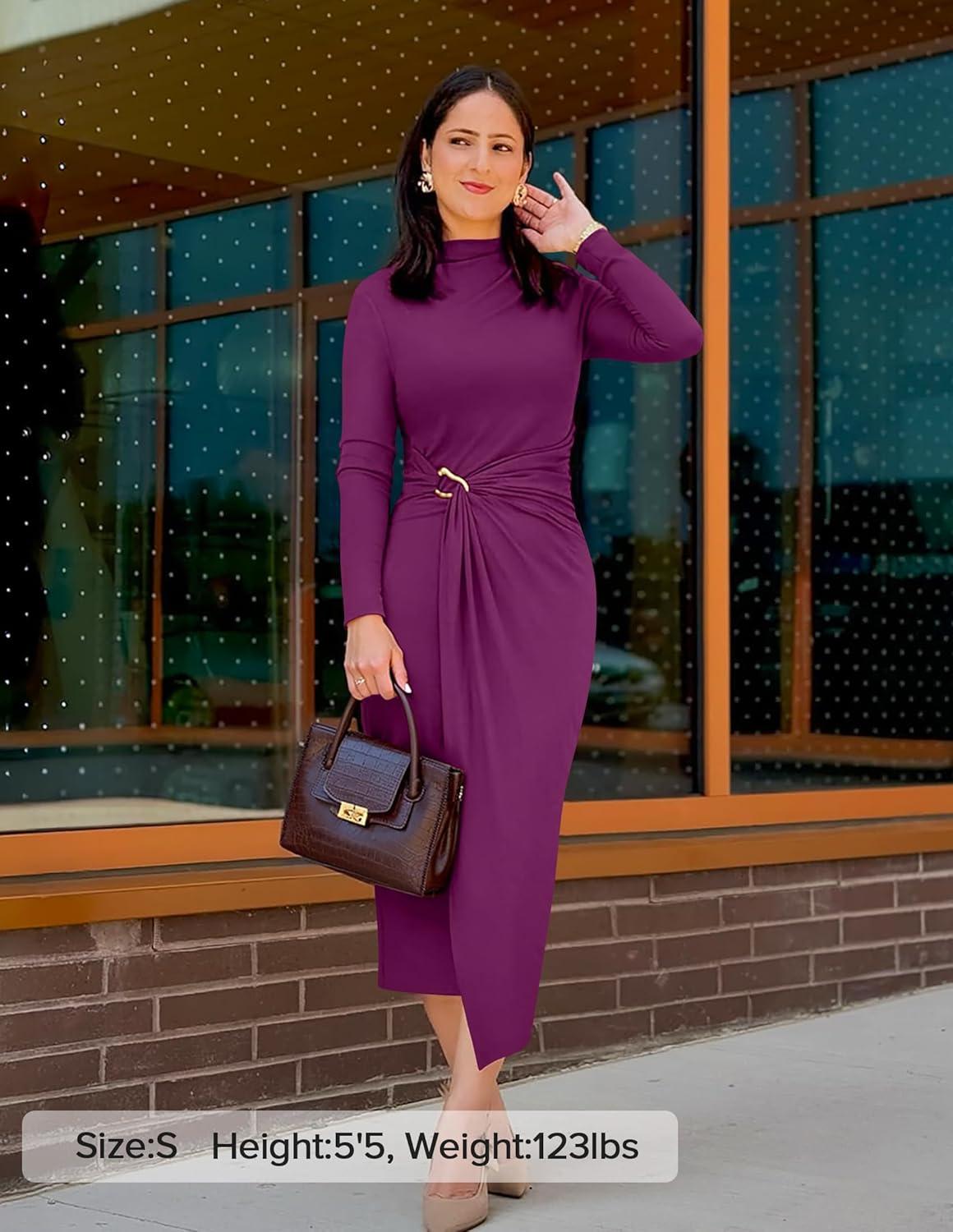 imageZESICA Womens 2025 Fall Long Sleeve Bodycon Dress Mock Neck Wedding Guest Cocktail Party Long Midi DressesEggplant