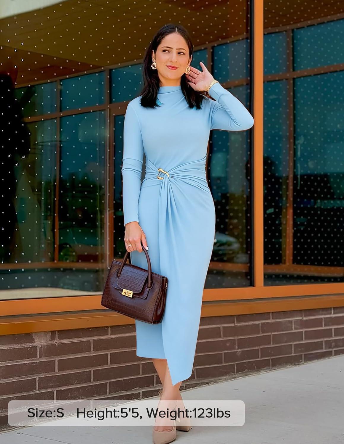 imageZESICA Womens 2025 Fall Long Sleeve Bodycon Dress Mock Neck Wedding Guest Cocktail Party Long Midi DressesLightblue