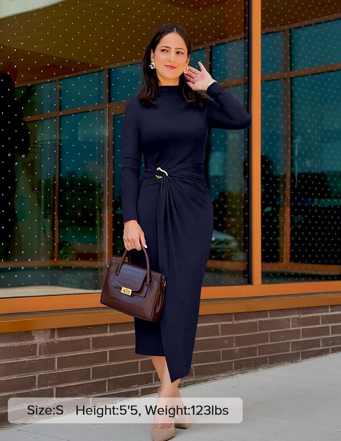 imageZESICA Womens 2025 Fall Long Sleeve Bodycon Dress Mock Neck Wedding Guest Cocktail Party Long Midi DressesNavy