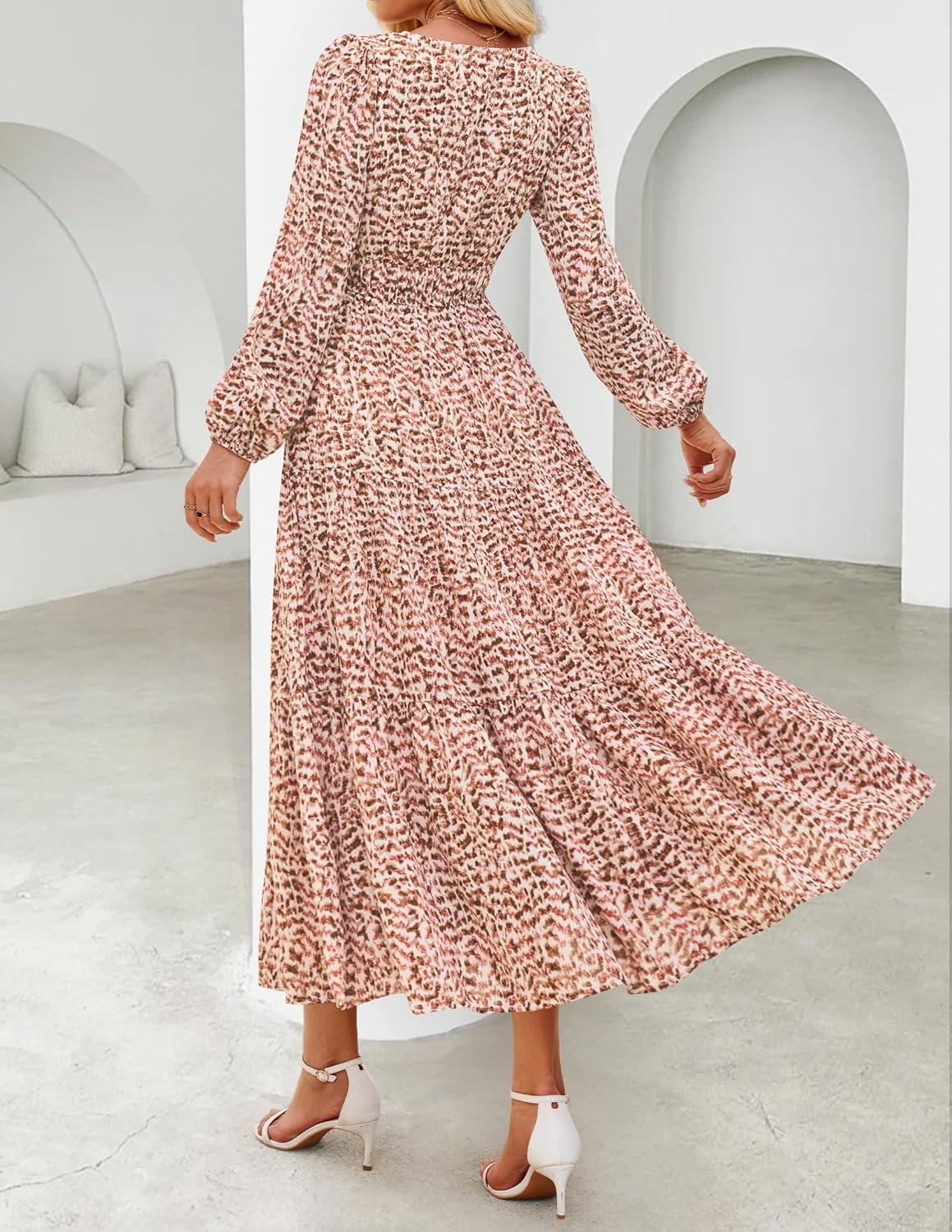 imageZESICA Womens 2025 Fall Long Sleeve Maxi Dress Floral Print V Neck Empire Waist A Line Tiered Flowy Boho Party DressesOrange Red