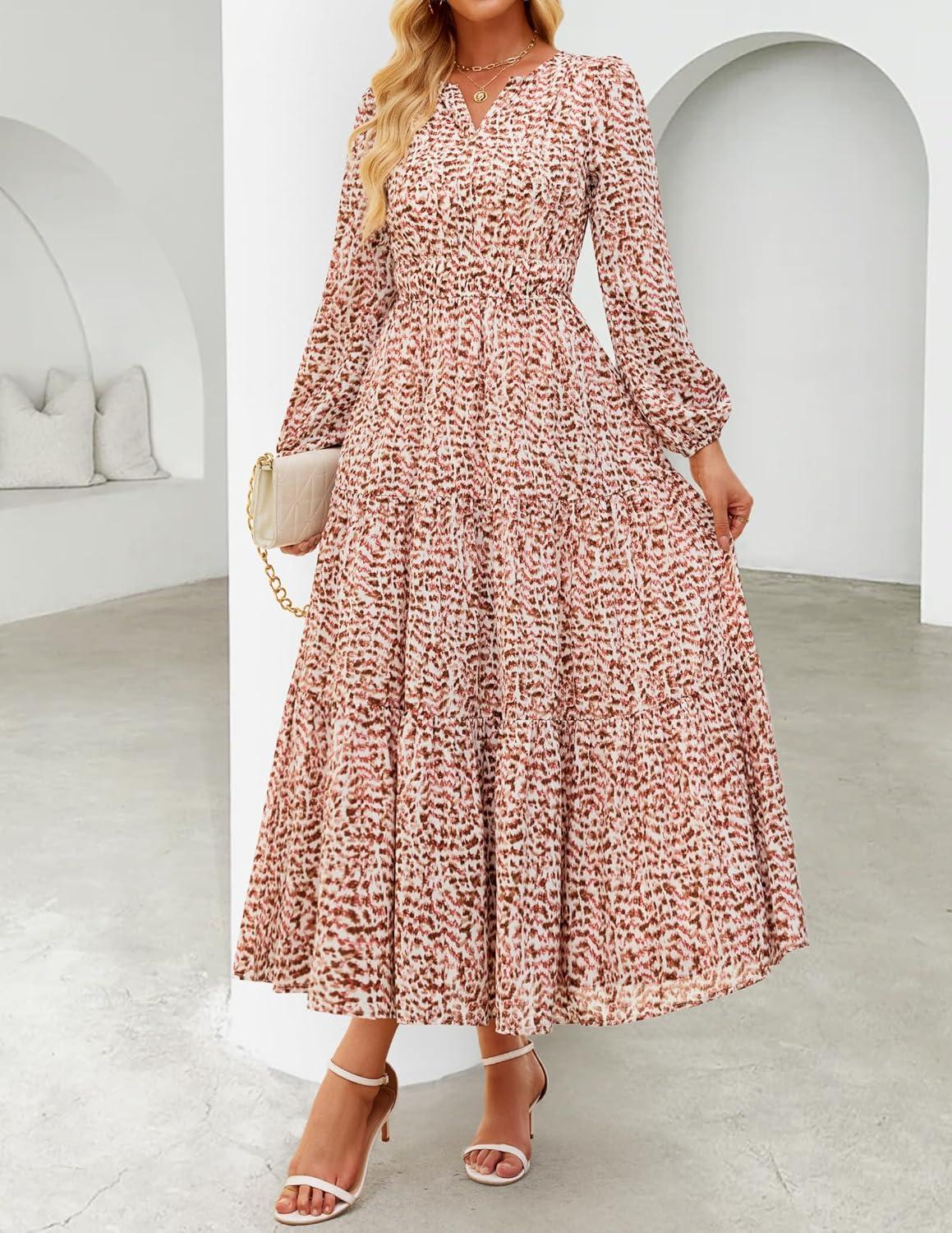 imageZESICA Womens 2025 Fall Long Sleeve Maxi Dress Floral Print V Neck Empire Waist A Line Tiered Flowy Boho Party DressesOrange Red