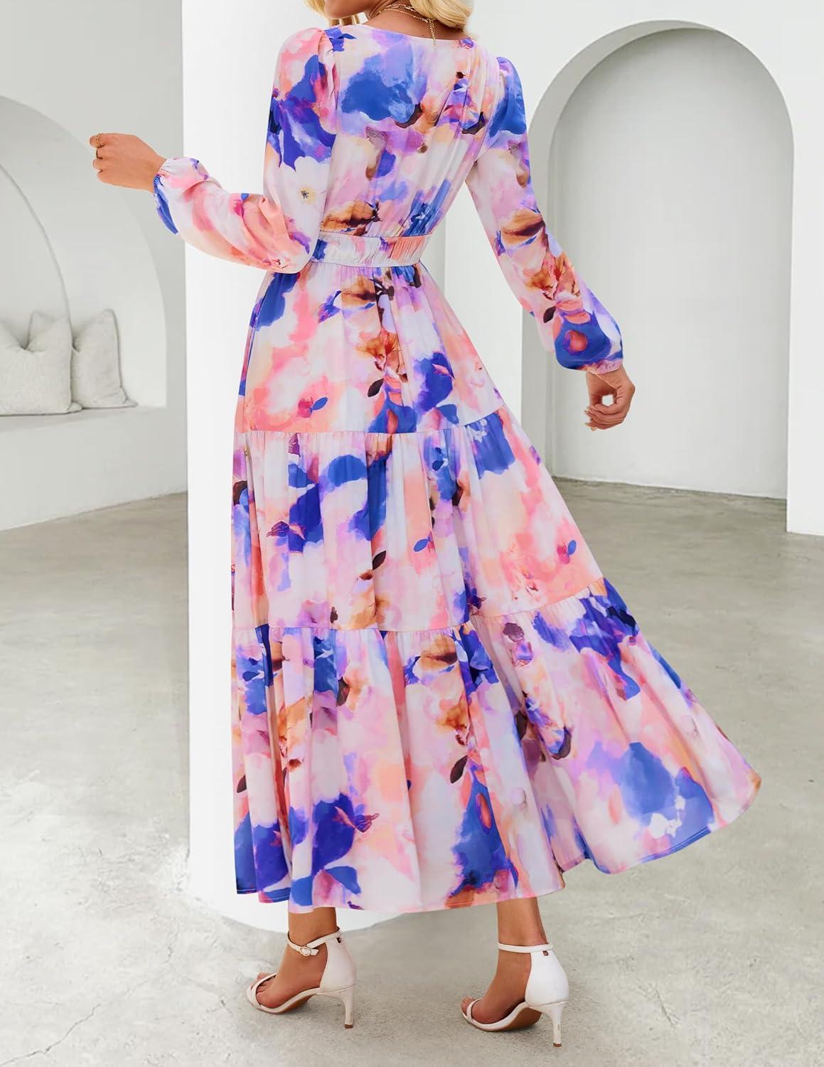 imageZESICA Womens 2025 Fall Long Sleeve Maxi Dress Floral Print V Neck Empire Waist A Line Tiered Flowy Boho Party DressesPurple