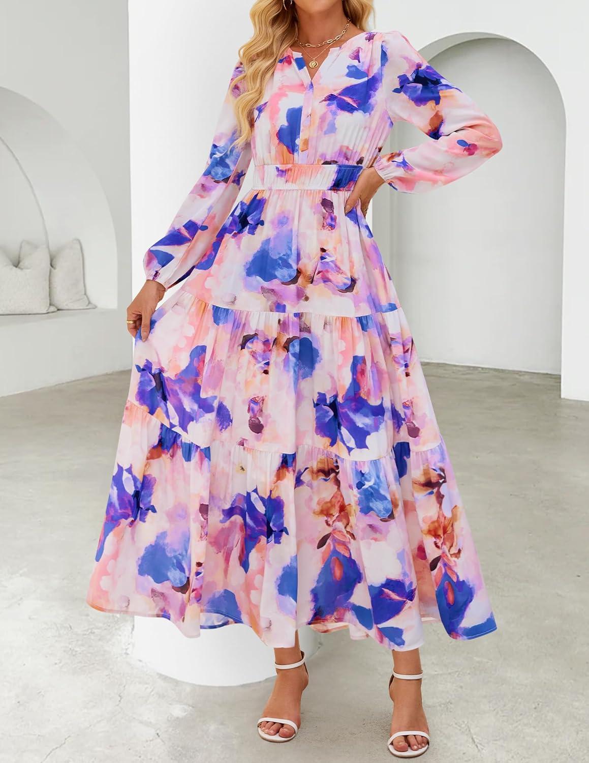 imageZESICA Womens 2025 Fall Long Sleeve Maxi Dress Floral Print V Neck Empire Waist A Line Tiered Flowy Boho Party DressesPurple