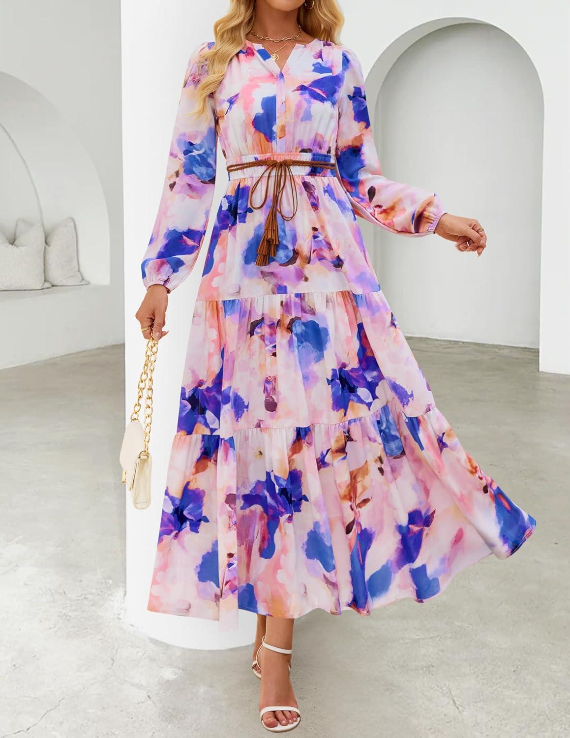 imageZESICA Womens 2025 Fall Long Sleeve Maxi Dress Floral Print V Neck Empire Waist A Line Tiered Flowy Boho Party DressesPurple