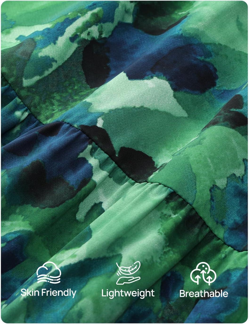 imageZESICA Womens 2025 Fall Long Sleeve Maxi Dress Floral Print V Neck Empire Waist A Line Tiered Flowy Boho Party DressesTurquoise