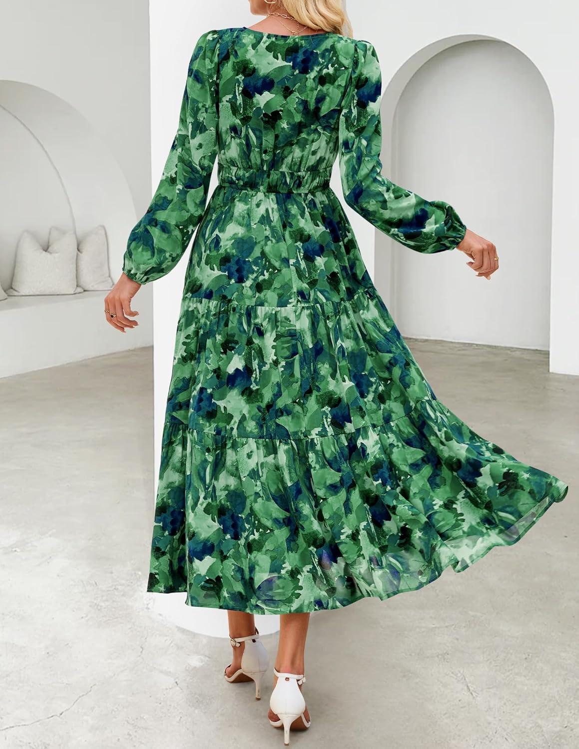 imageZESICA Womens 2025 Fall Long Sleeve Maxi Dress Floral Print V Neck Empire Waist A Line Tiered Flowy Boho Party DressesTurquoise