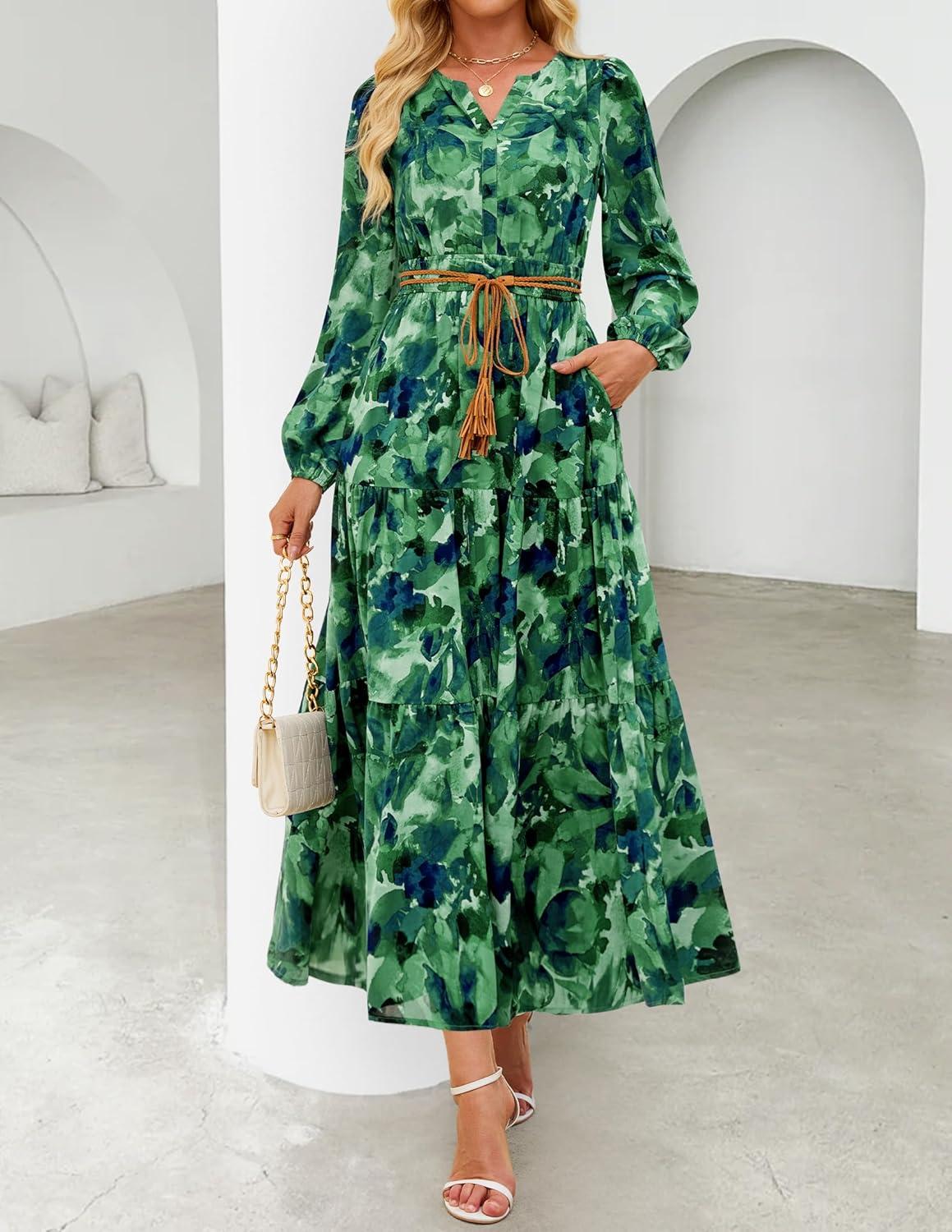 imageZESICA Womens 2025 Fall Long Sleeve Maxi Dress Floral Print V Neck Empire Waist A Line Tiered Flowy Boho Party DressesTurquoise