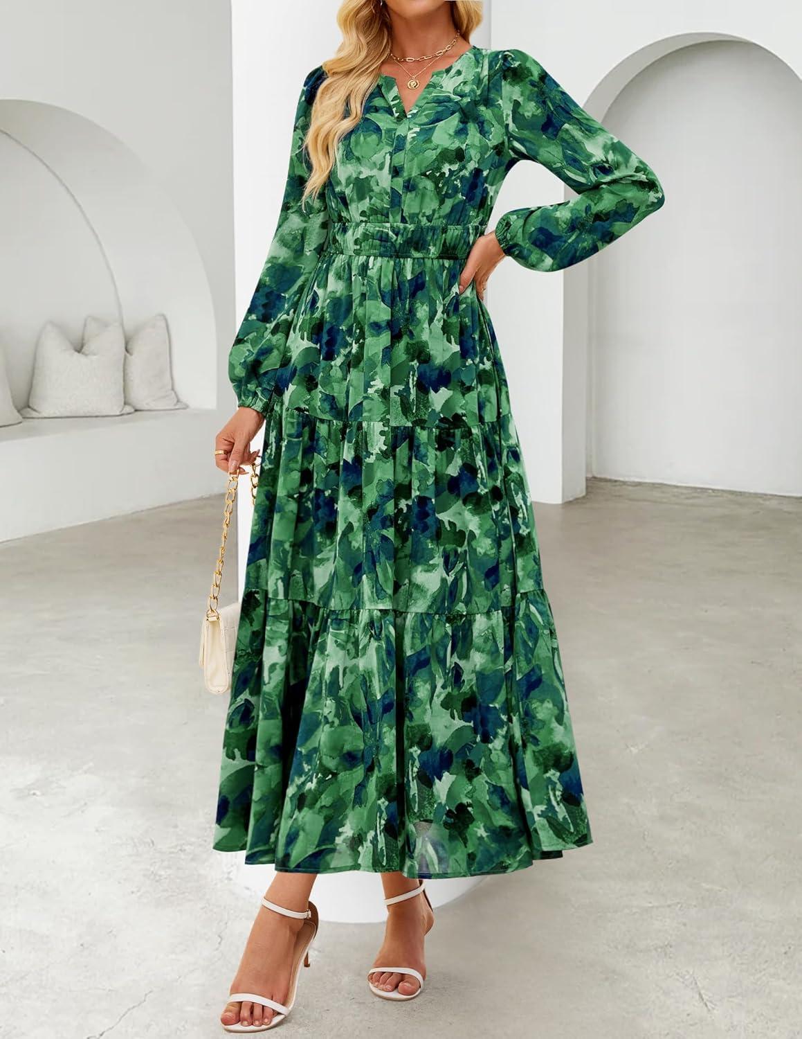 imageZESICA Womens 2025 Fall Long Sleeve Maxi Dress Floral Print V Neck Empire Waist A Line Tiered Flowy Boho Party DressesTurquoise