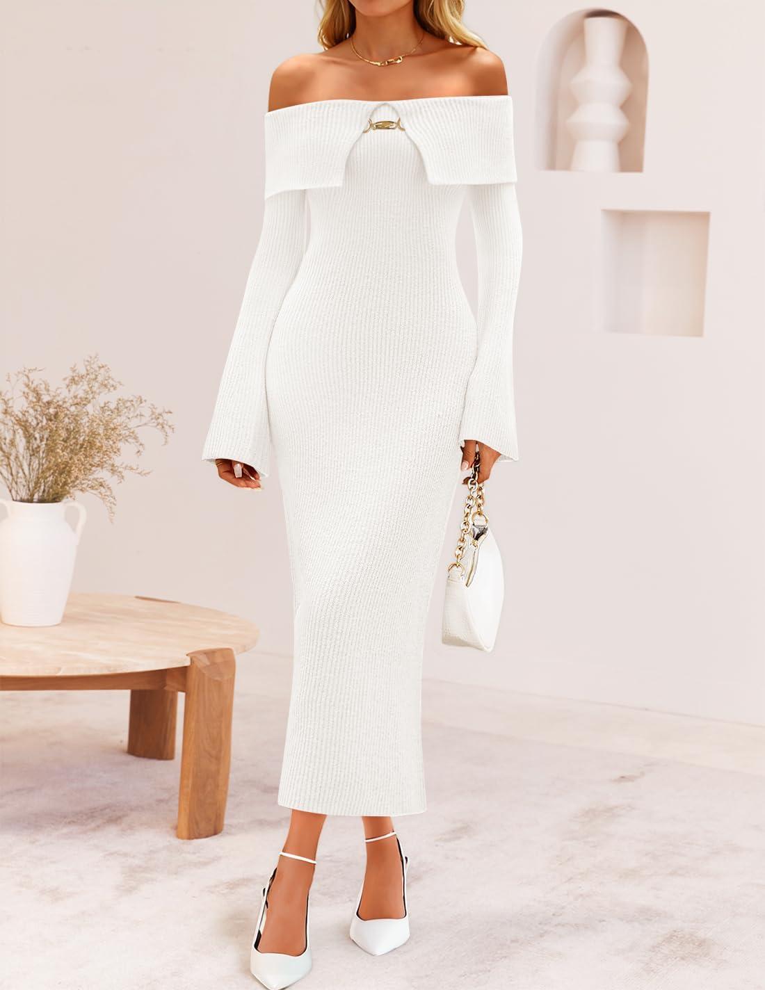 imageZESICA Womens Fall Off Shoulder Sweater Dress 2025 Bell Long Sleeve Ribbed Knit Bodycon Formal Maxi DressesWhite