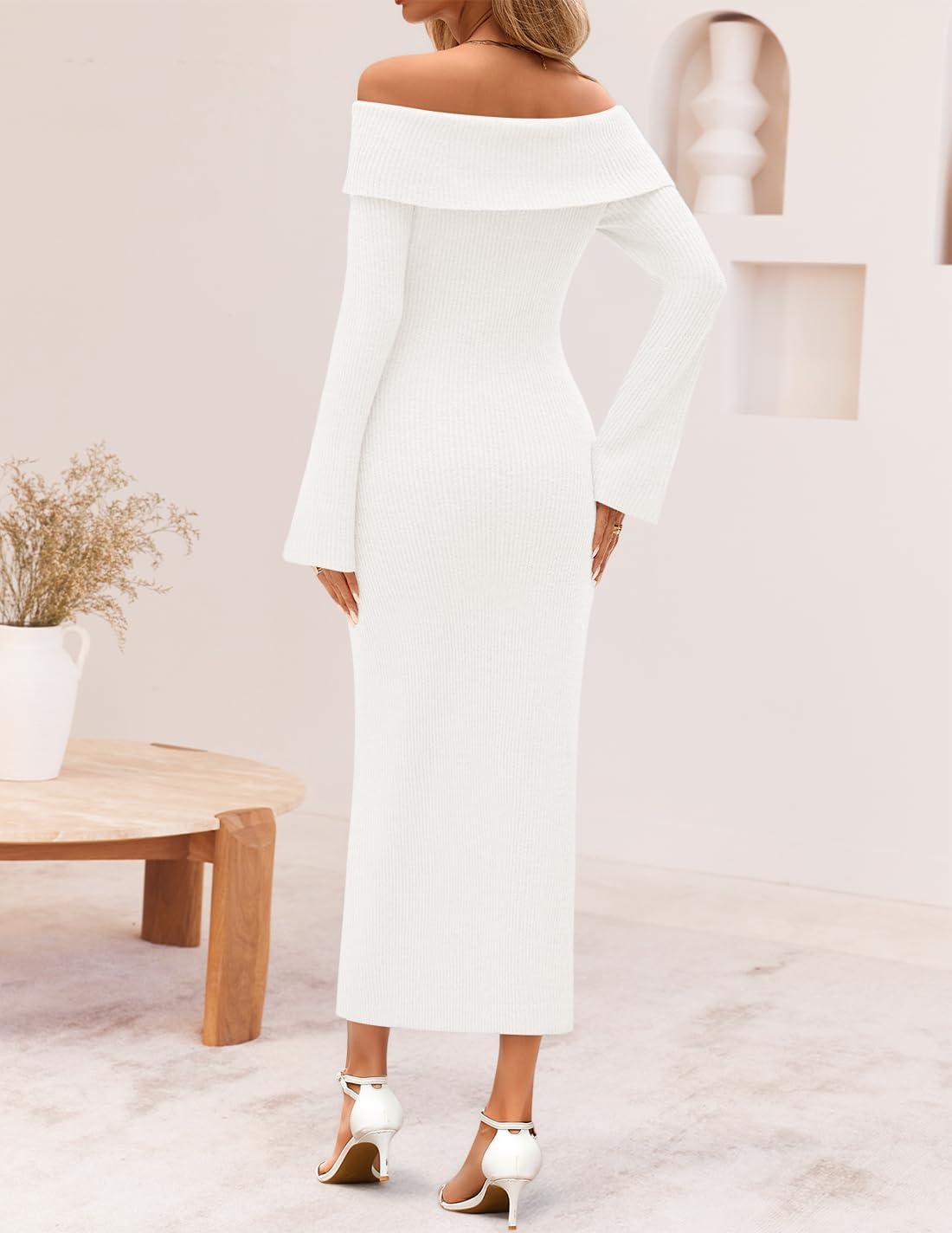imageZESICA Womens Fall Off Shoulder Sweater Dress 2025 Bell Long Sleeve Ribbed Knit Bodycon Formal Maxi DressesWhite