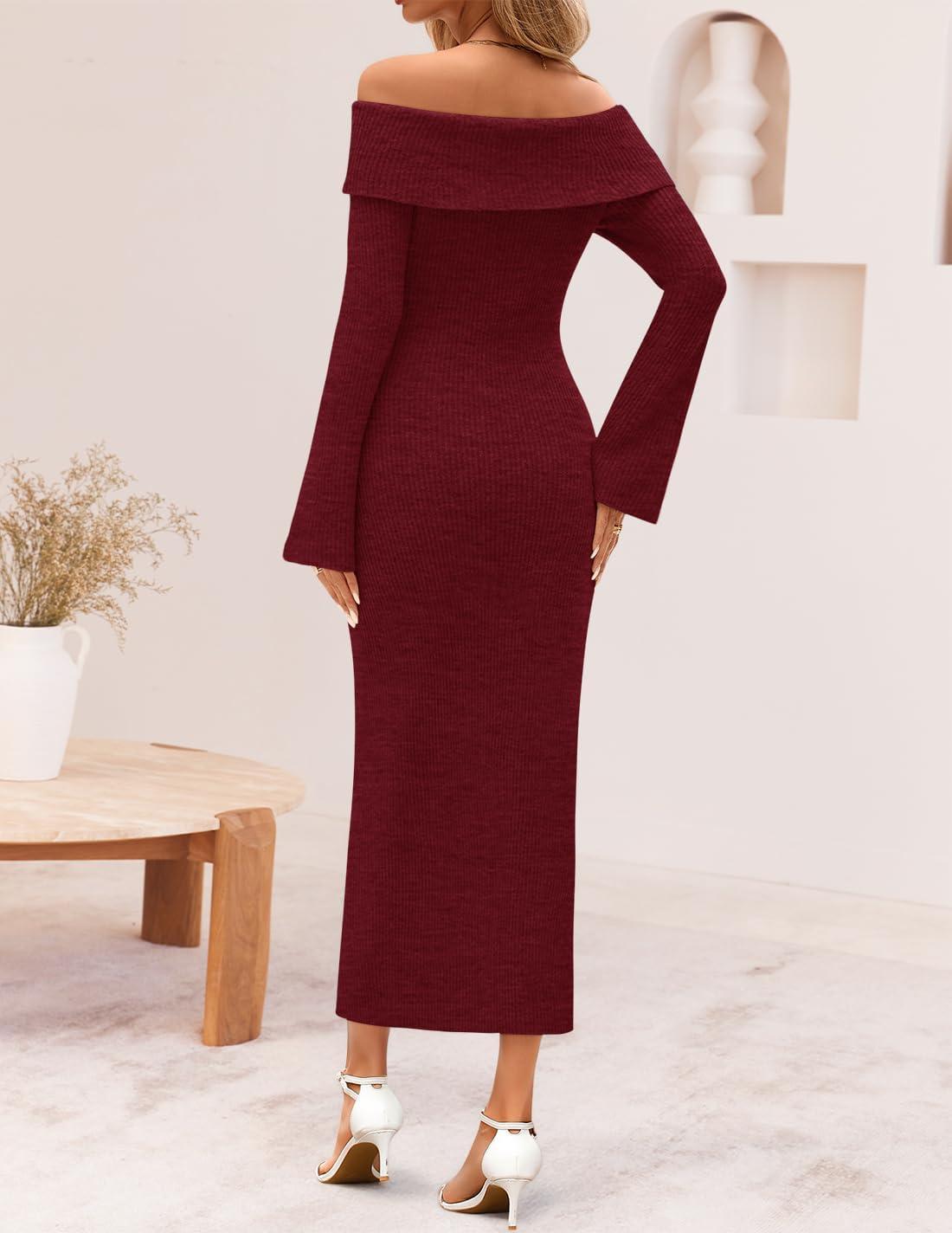 imageZESICA Womens Fall Off Shoulder Sweater Dress 2025 Bell Long Sleeve Ribbed Knit Bodycon Formal Maxi DressesWine
