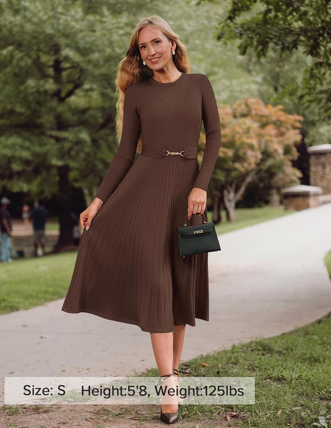 imageZESICA Womens Long Sleeve Midi Sweater Dress 2025 Fall Crewneck Knit A Line Pleated Flowy Long Dresses with BeltCoffee