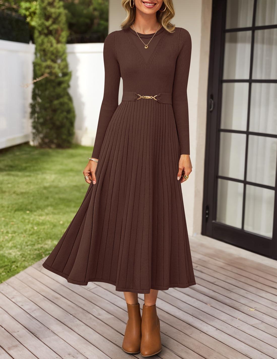 imageZESICA Womens Long Sleeve Midi Sweater Dress 2025 Fall Crewneck Knit A Line Pleated Flowy Long Dresses with BeltCoffee