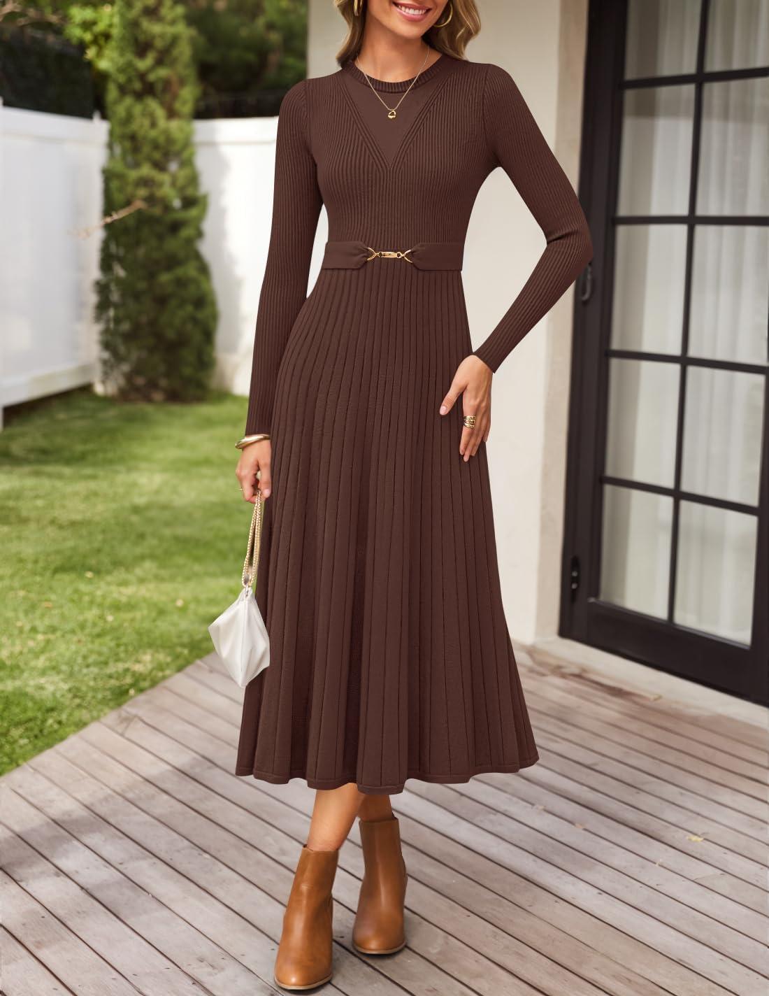 imageZESICA Womens Long Sleeve Midi Sweater Dress 2025 Fall Crewneck Knit A Line Pleated Flowy Long Dresses with BeltCoffee