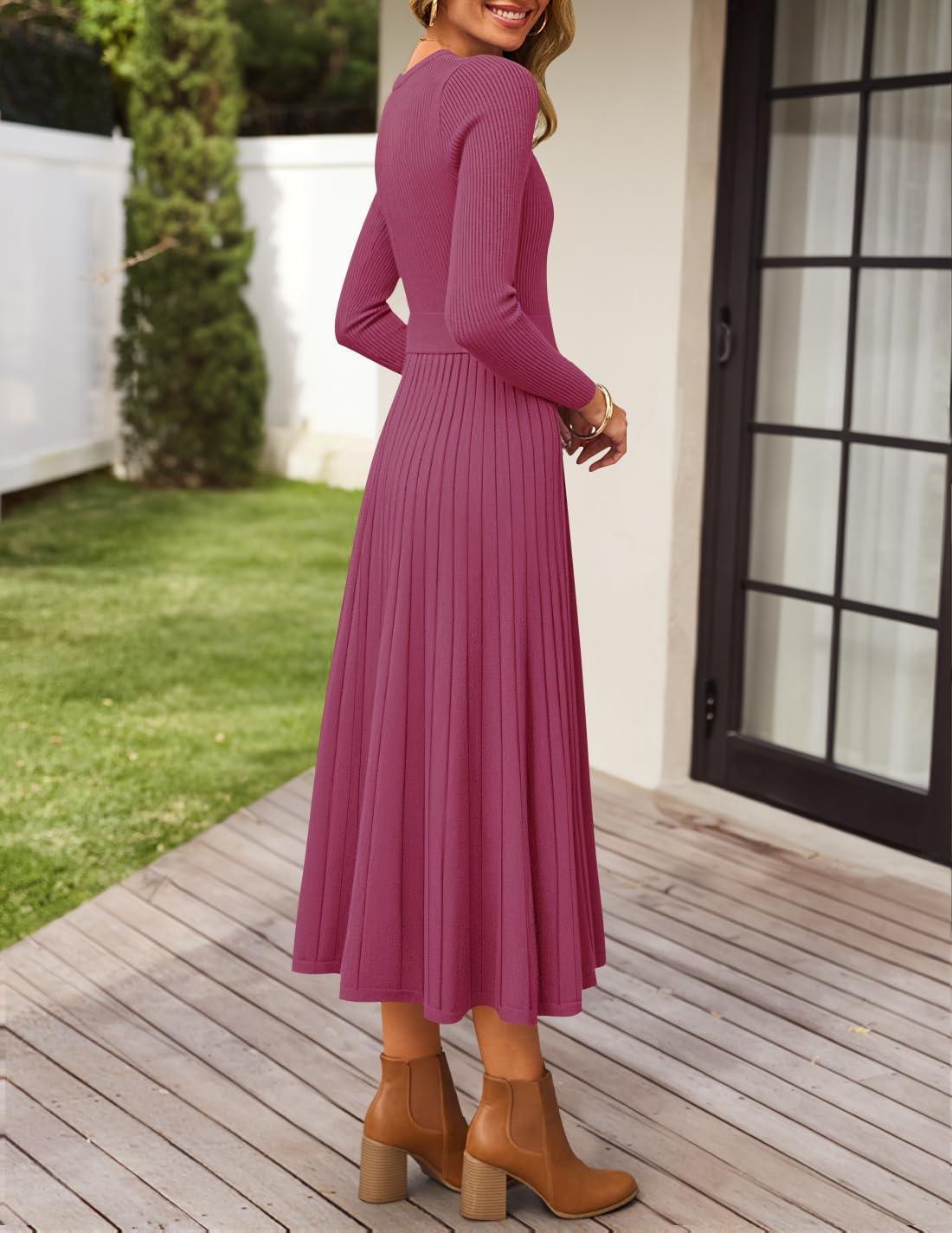 imageZESICA Womens Long Sleeve Midi Sweater Dress 2025 Fall Crewneck Knit A Line Pleated Flowy Long Dresses with BeltEggplant