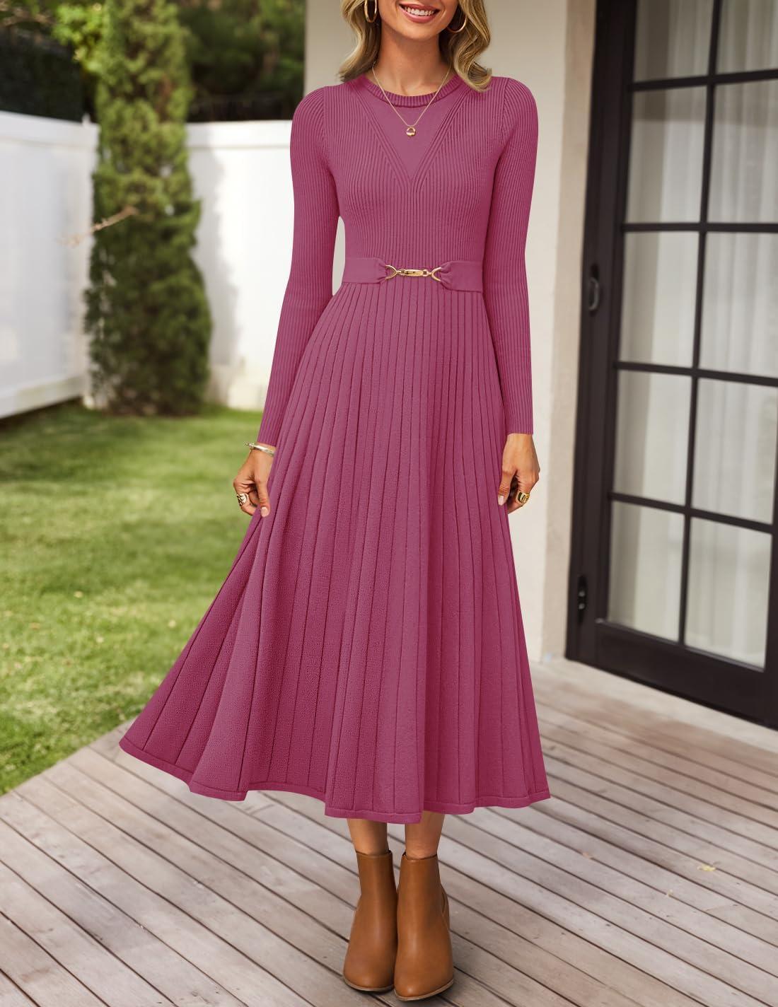 imageZESICA Womens Long Sleeve Midi Sweater Dress 2025 Fall Crewneck Knit A Line Pleated Flowy Long Dresses with BeltEggplant