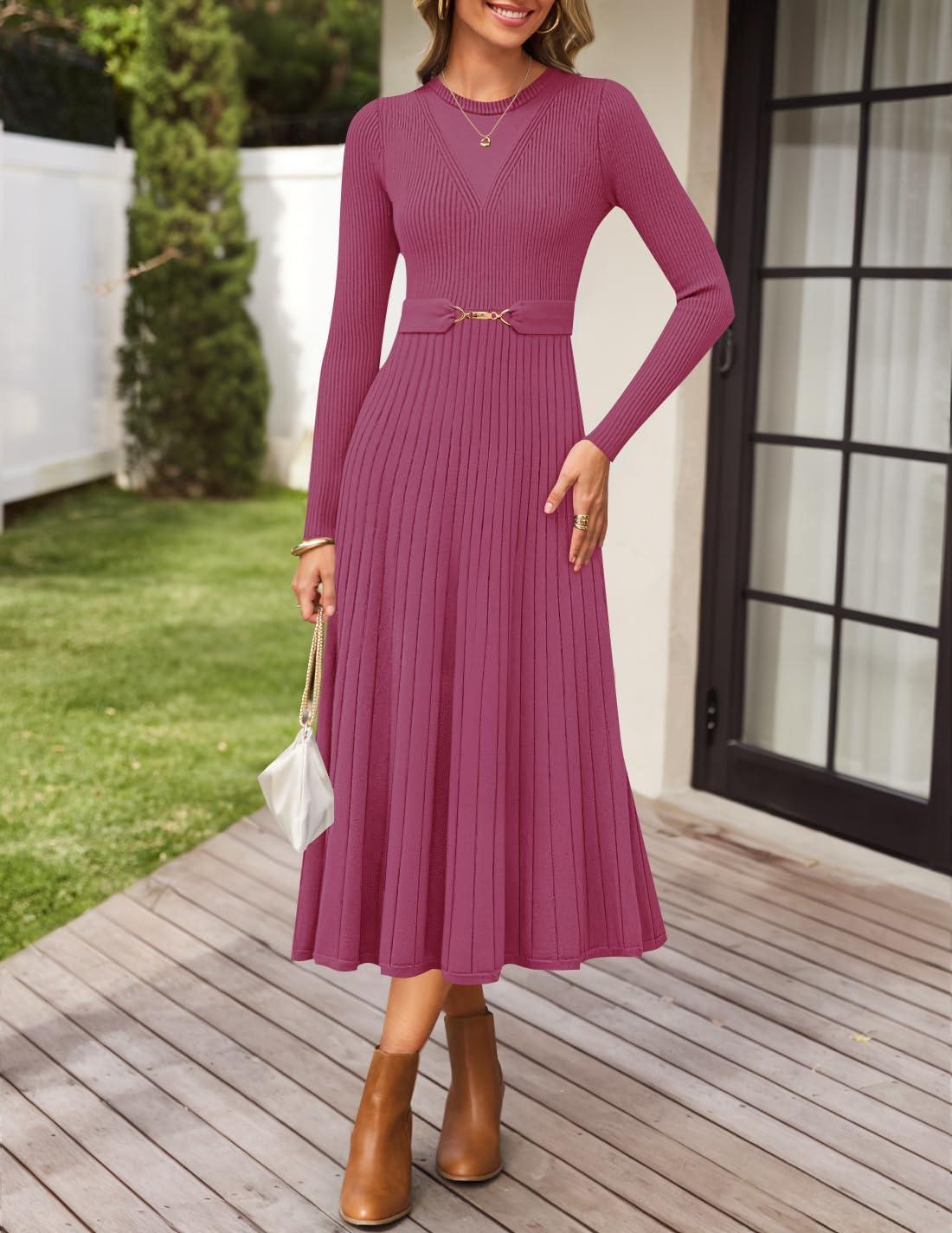 imageZESICA Womens Long Sleeve Midi Sweater Dress 2025 Fall Crewneck Knit A Line Pleated Flowy Long Dresses with BeltEggplant