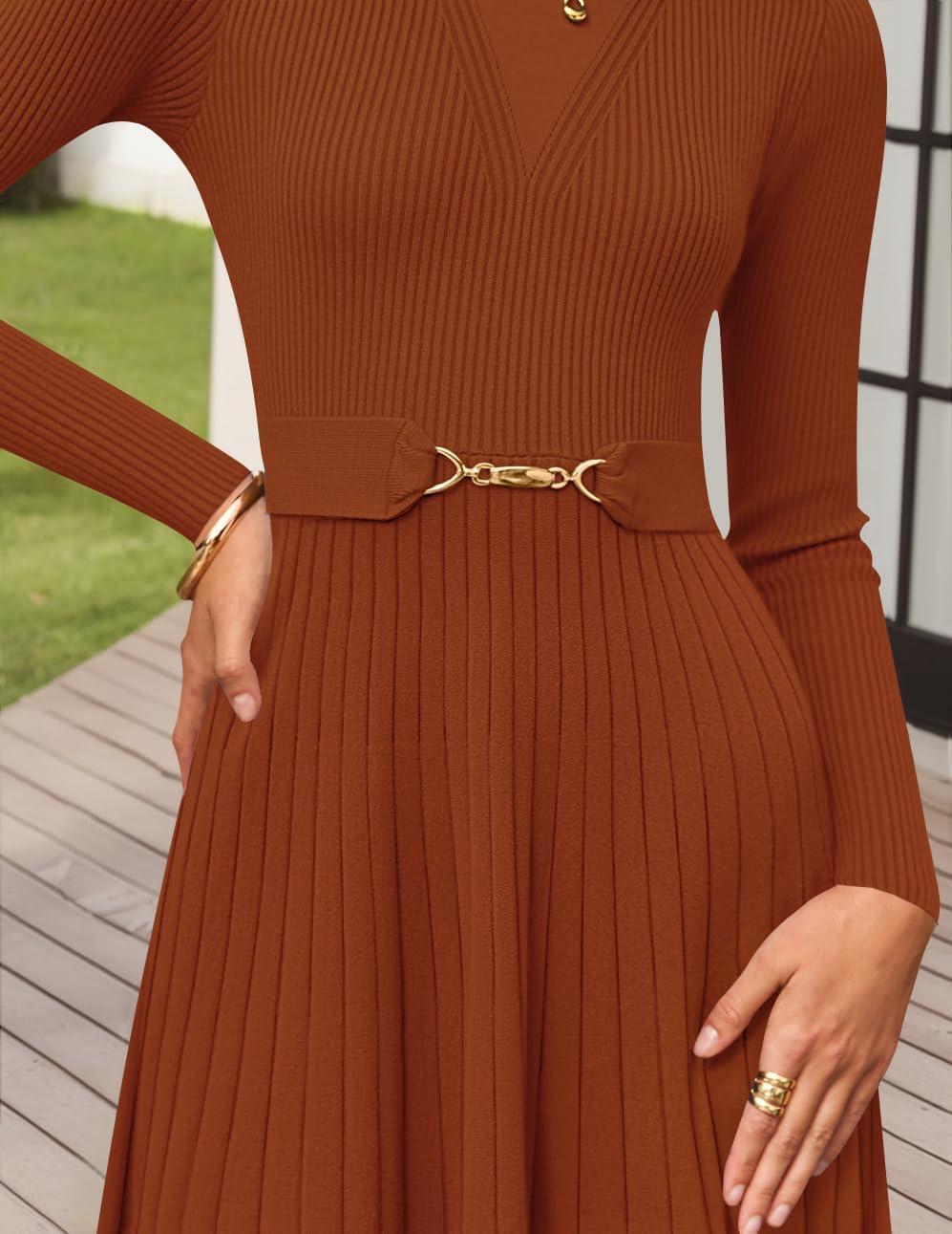 imageZESICA Womens Long Sleeve Midi Sweater Dress 2025 Fall Crewneck Knit A Line Pleated Flowy Long Dresses with BeltRust