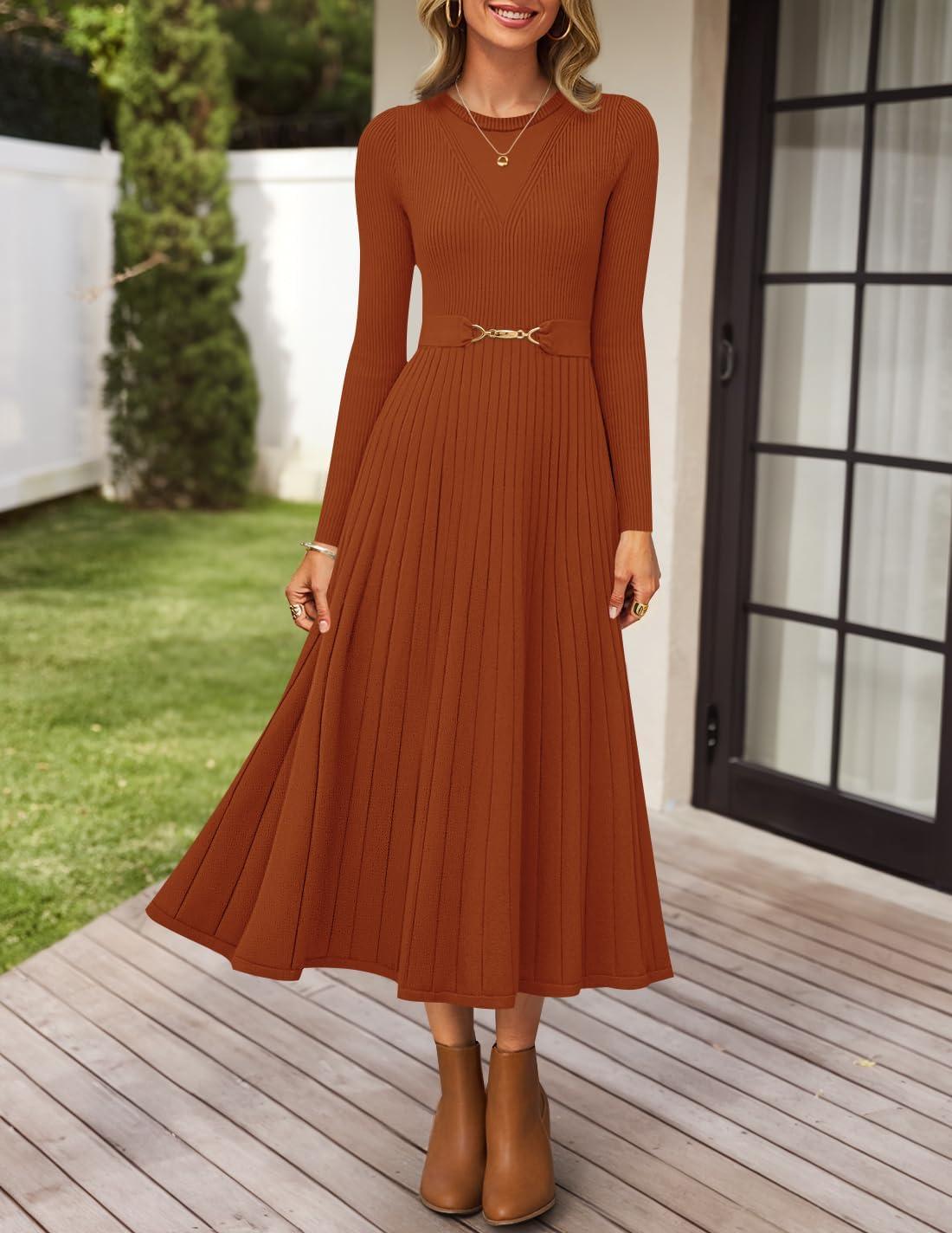 imageZESICA Womens Long Sleeve Midi Sweater Dress 2025 Fall Crewneck Knit A Line Pleated Flowy Long Dresses with BeltRust