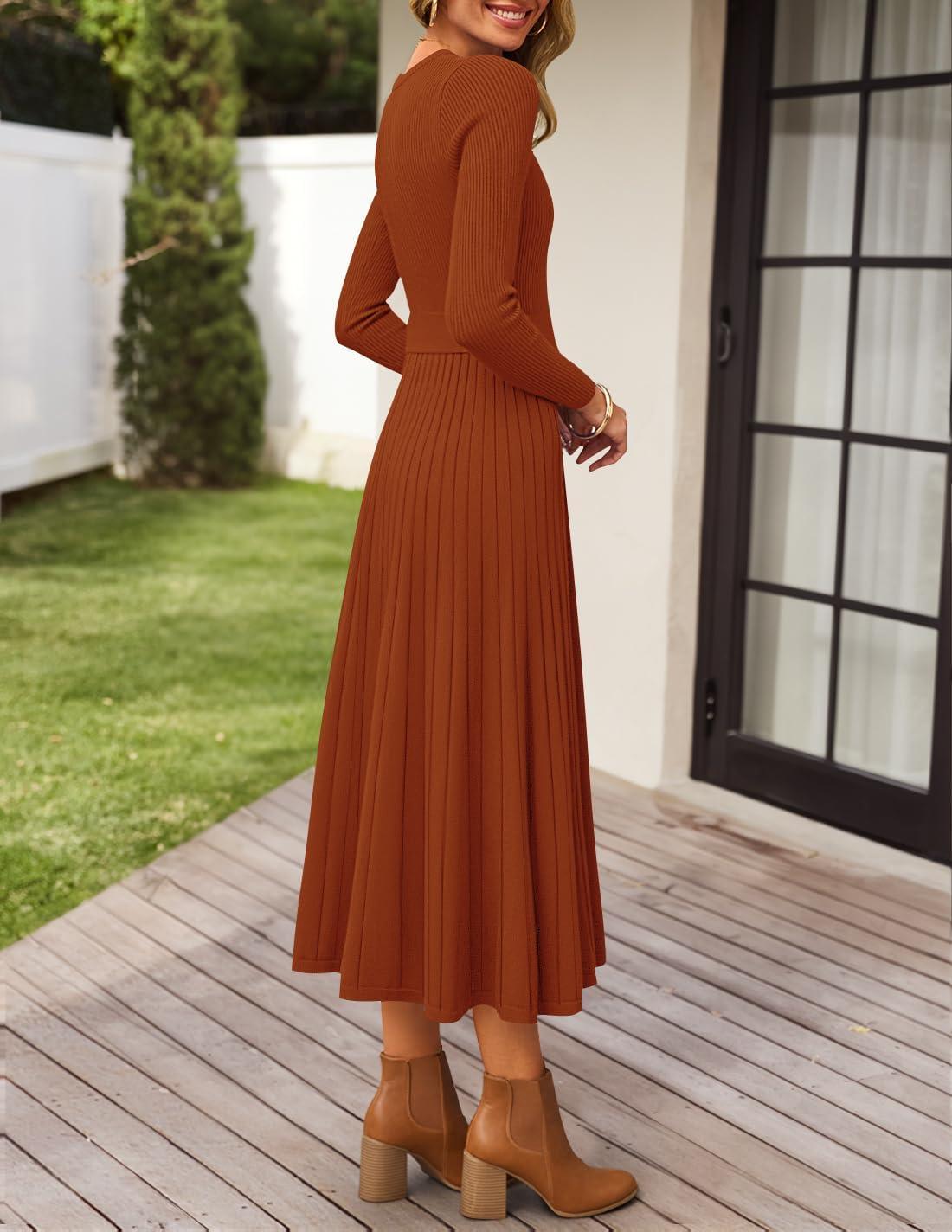 imageZESICA Womens Long Sleeve Midi Sweater Dress 2025 Fall Crewneck Knit A Line Pleated Flowy Long Dresses with BeltRust