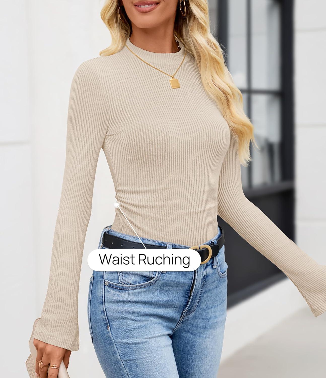 imageZESICA Womens Long Sleeve Shirts 2025 Fall Mock Neck Ribbed Knit Slim Fit Tops Basic Tees Dressy Casual Outfits ClothesApricot