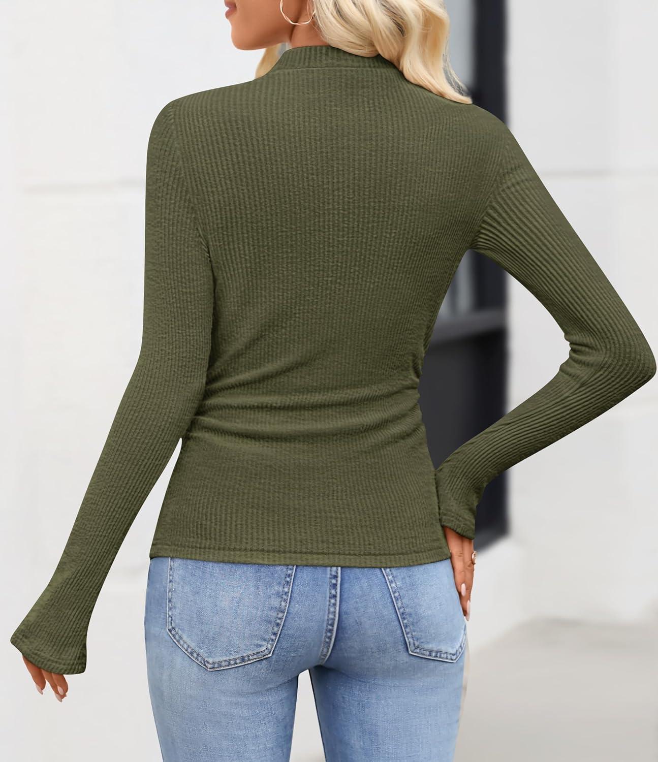 imageZESICA Womens Long Sleeve Shirts 2025 Fall Mock Neck Ribbed Knit Slim Fit Tops Basic Tees Dressy Casual Outfits ClothesArmygreen