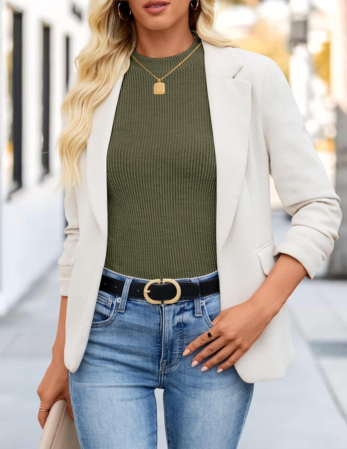 imageZESICA Womens Long Sleeve Shirts 2025 Fall Mock Neck Ribbed Knit Slim Fit Tops Basic Tees Dressy Casual Outfits ClothesArmygreen