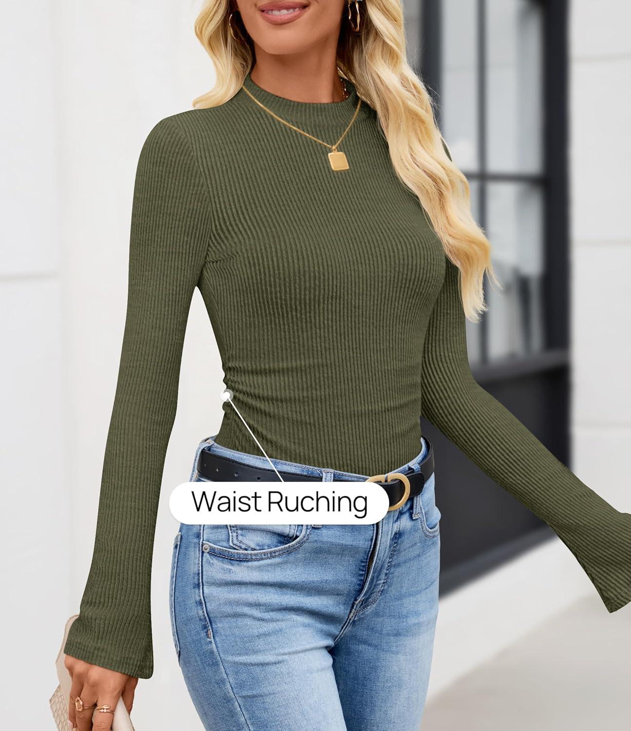 imageZESICA Womens Long Sleeve Shirts 2025 Fall Mock Neck Ribbed Knit Slim Fit Tops Basic Tees Dressy Casual Outfits ClothesArmygreen