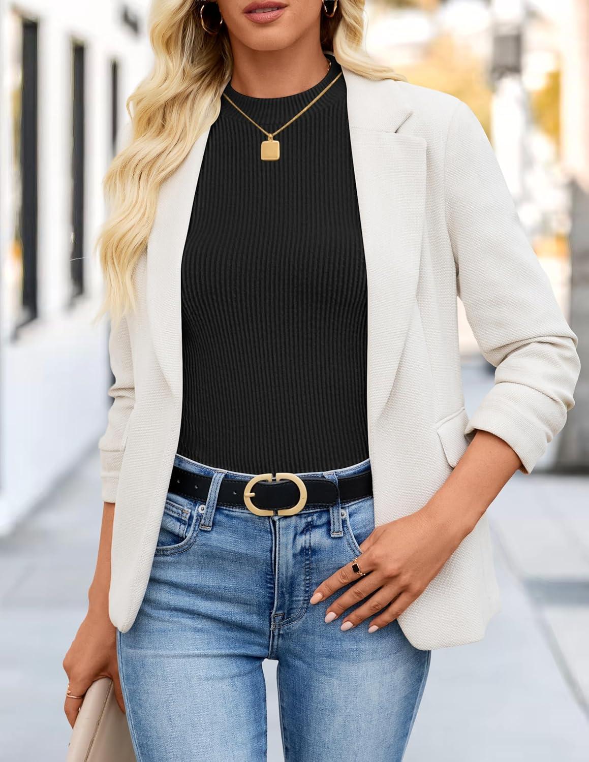 imageZESICA Womens Long Sleeve Shirts 2025 Fall Mock Neck Ribbed Knit Slim Fit Tops Basic Tees Dressy Casual Outfits ClothesBlack