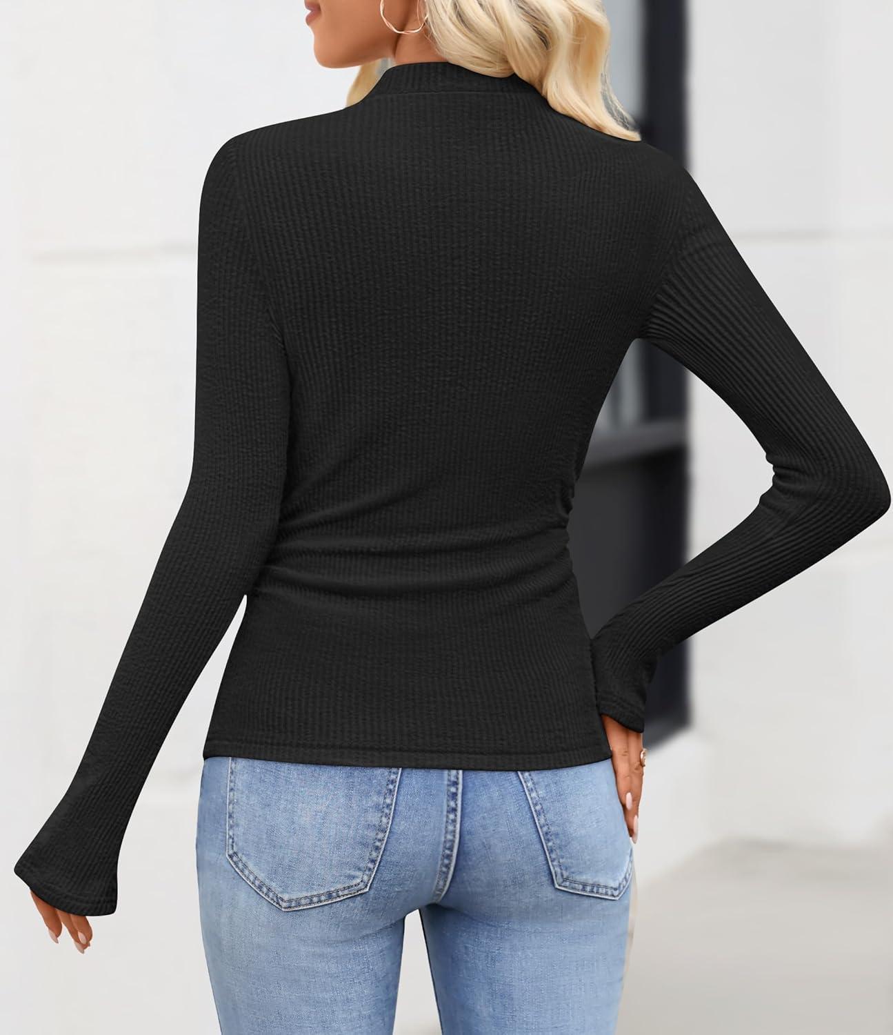 imageZESICA Womens Long Sleeve Shirts 2025 Fall Mock Neck Ribbed Knit Slim Fit Tops Basic Tees Dressy Casual Outfits ClothesBlack