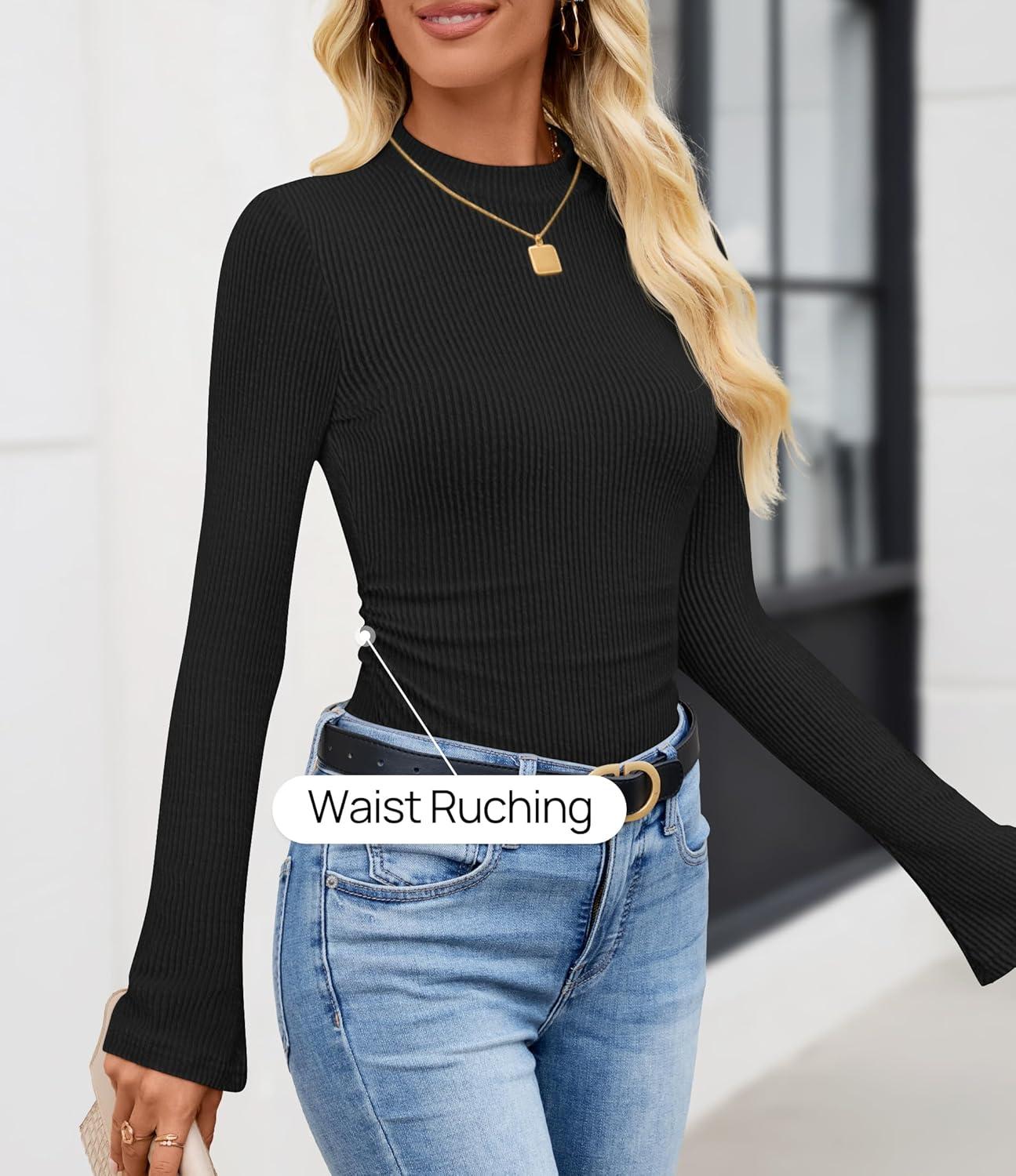 imageZESICA Womens Long Sleeve Shirts 2025 Fall Mock Neck Ribbed Knit Slim Fit Tops Basic Tees Dressy Casual Outfits ClothesBlack