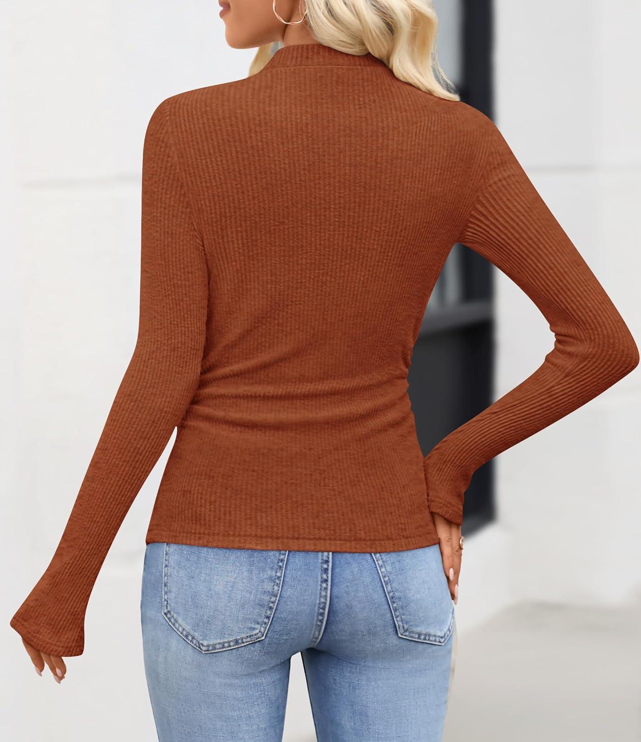 imageZESICA Womens Long Sleeve Shirts 2025 Fall Mock Neck Ribbed Knit Slim Fit Tops Basic Tees Dressy Casual Outfits ClothesBrick