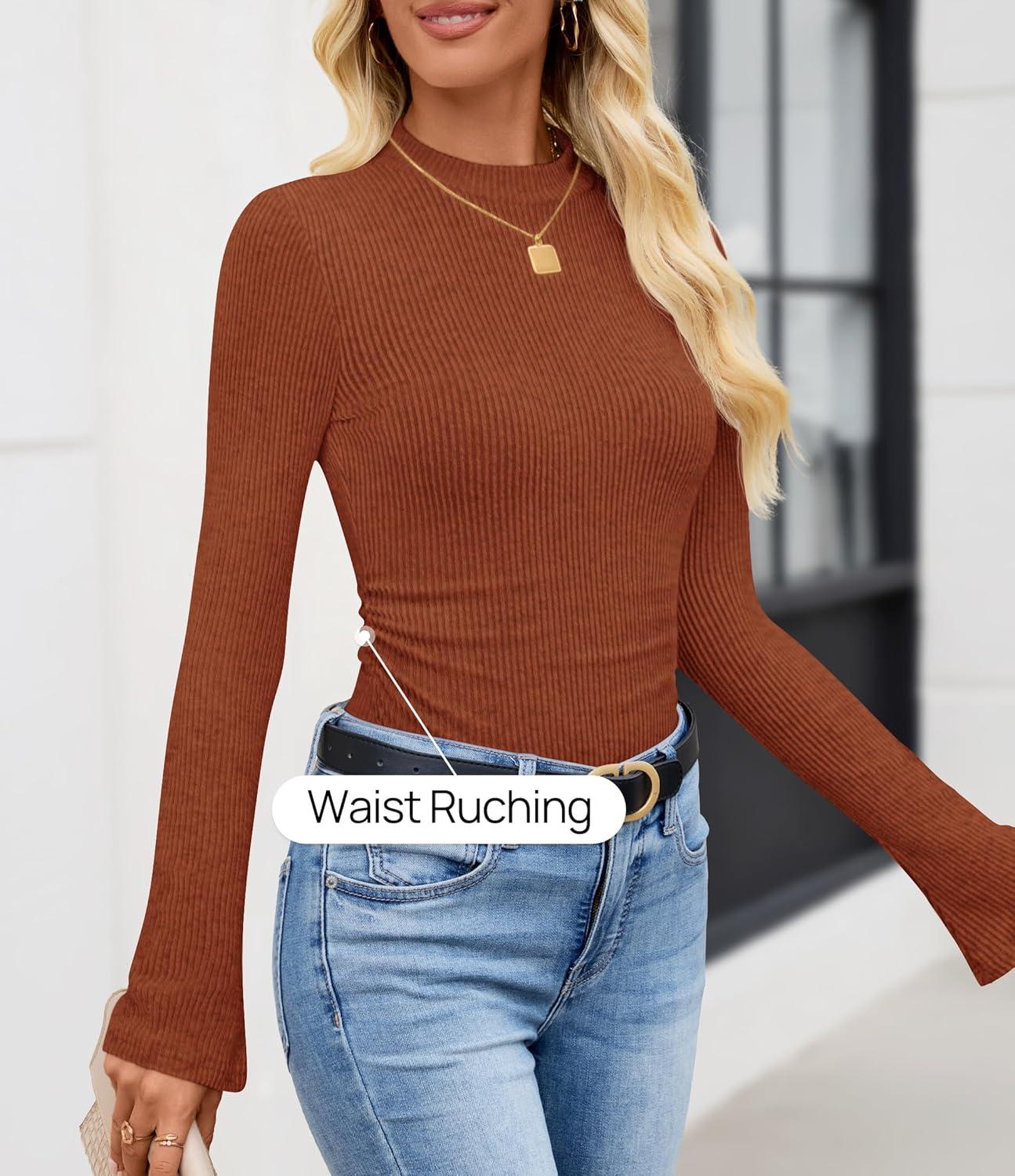 imageZESICA Womens Long Sleeve Shirts 2025 Fall Mock Neck Ribbed Knit Slim Fit Tops Basic Tees Dressy Casual Outfits ClothesBrick