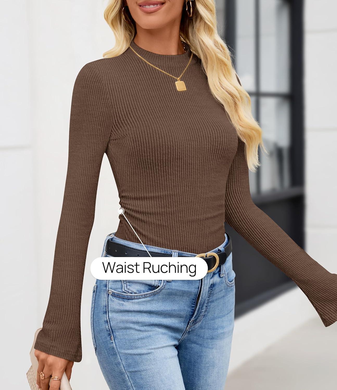 imageZESICA Womens Long Sleeve Shirts 2025 Fall Mock Neck Ribbed Knit Slim Fit Tops Basic Tees Dressy Casual Outfits ClothesBrown