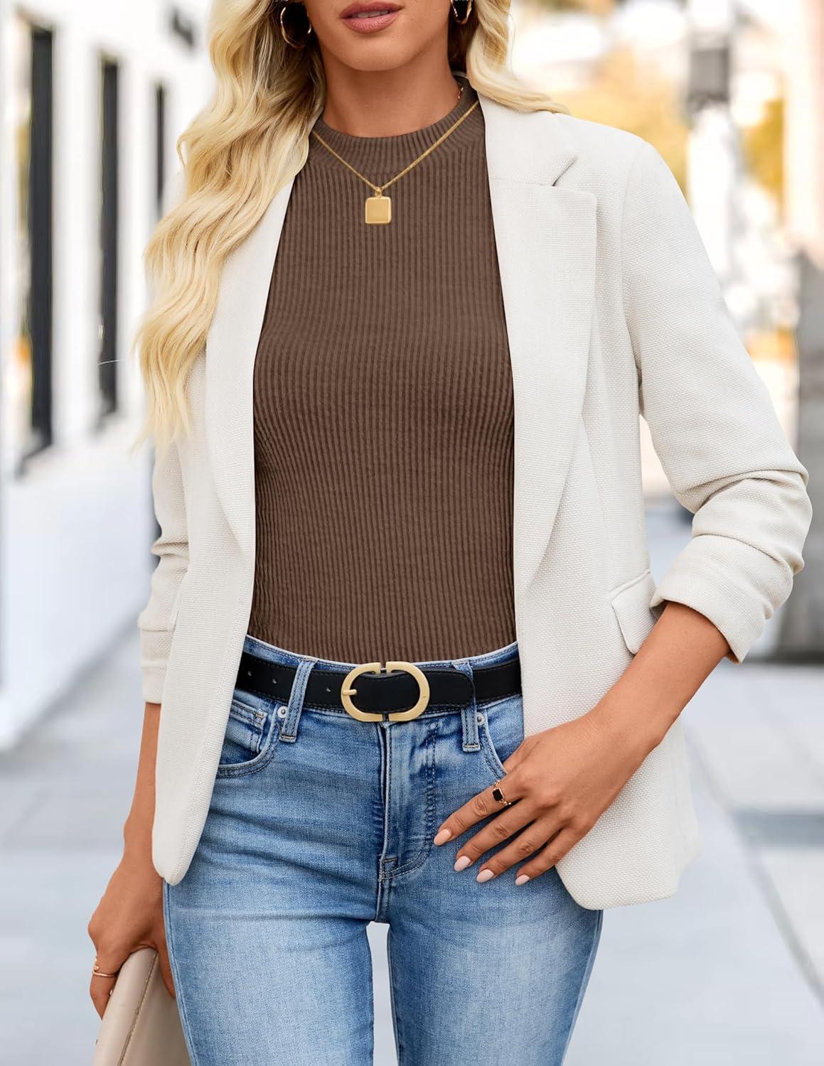 imageZESICA Womens Long Sleeve Shirts 2025 Fall Mock Neck Ribbed Knit Slim Fit Tops Basic Tees Dressy Casual Outfits ClothesBrown