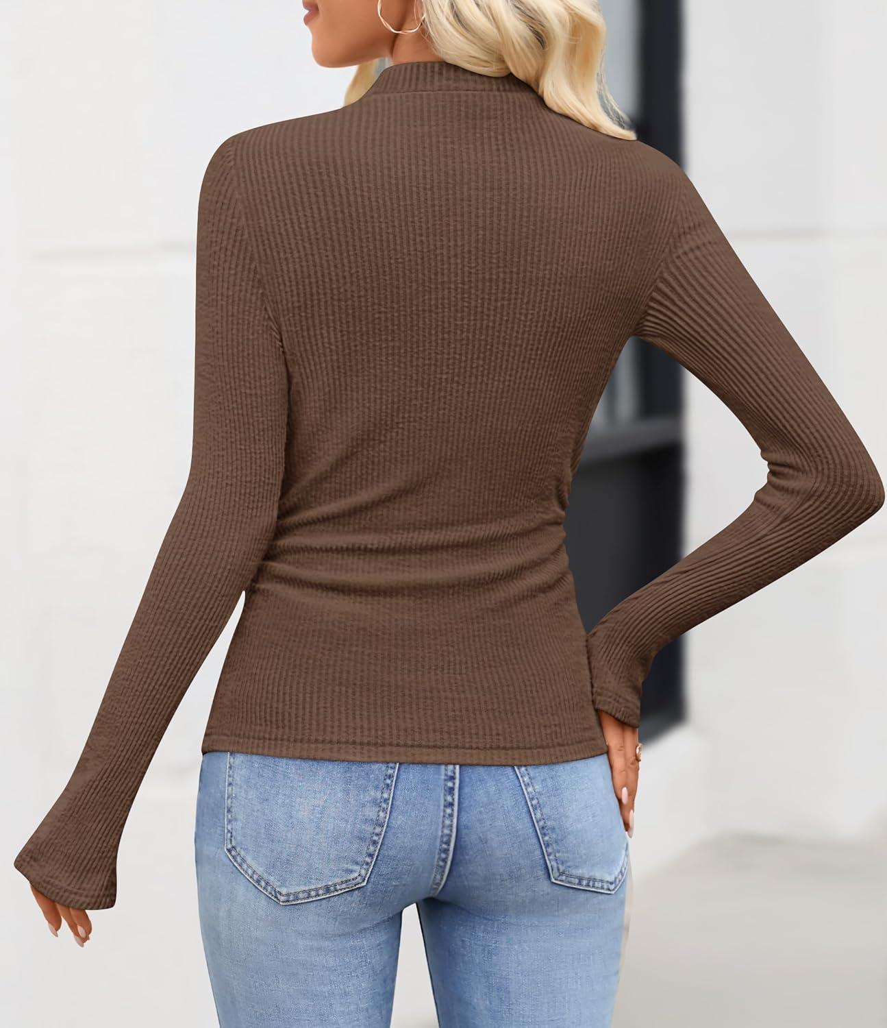 imageZESICA Womens Long Sleeve Shirts 2025 Fall Mock Neck Ribbed Knit Slim Fit Tops Basic Tees Dressy Casual Outfits ClothesBrown